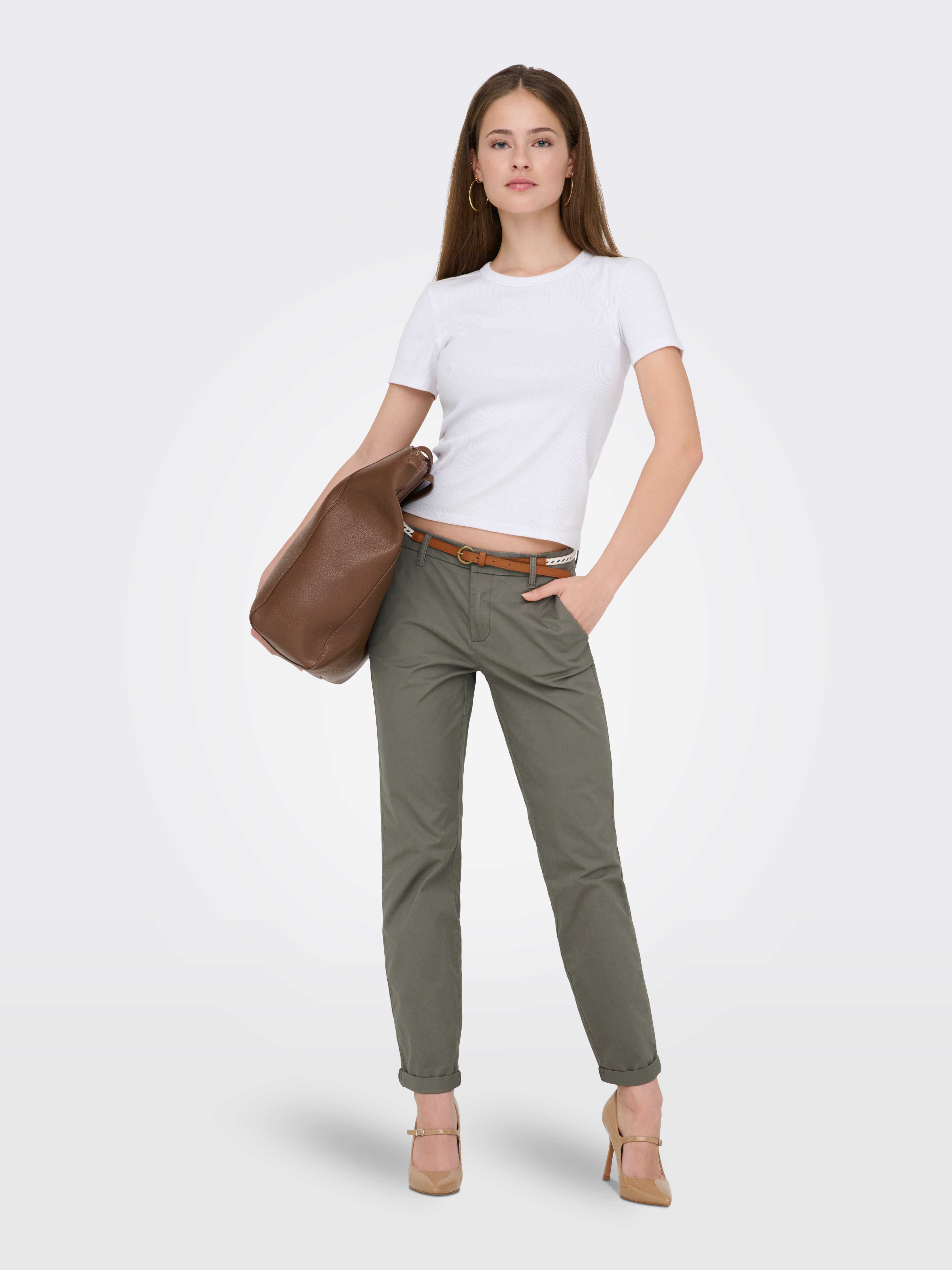 ONLY Chinohose ONLBIANA – Chinohose mit Gürtel und Umschlagsaum slim fit, modisch, Web, Baumwollmischung