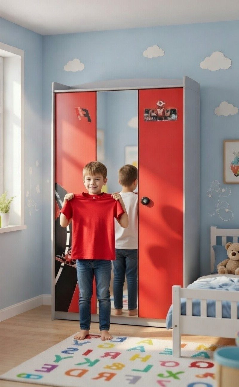 Xlmoebel Kleiderschrank Roter Kinderkleiderschrank im Rennwagen-Design mit Spiegel (Kinderkleiderschrank mit Spiegel) Made in Europa