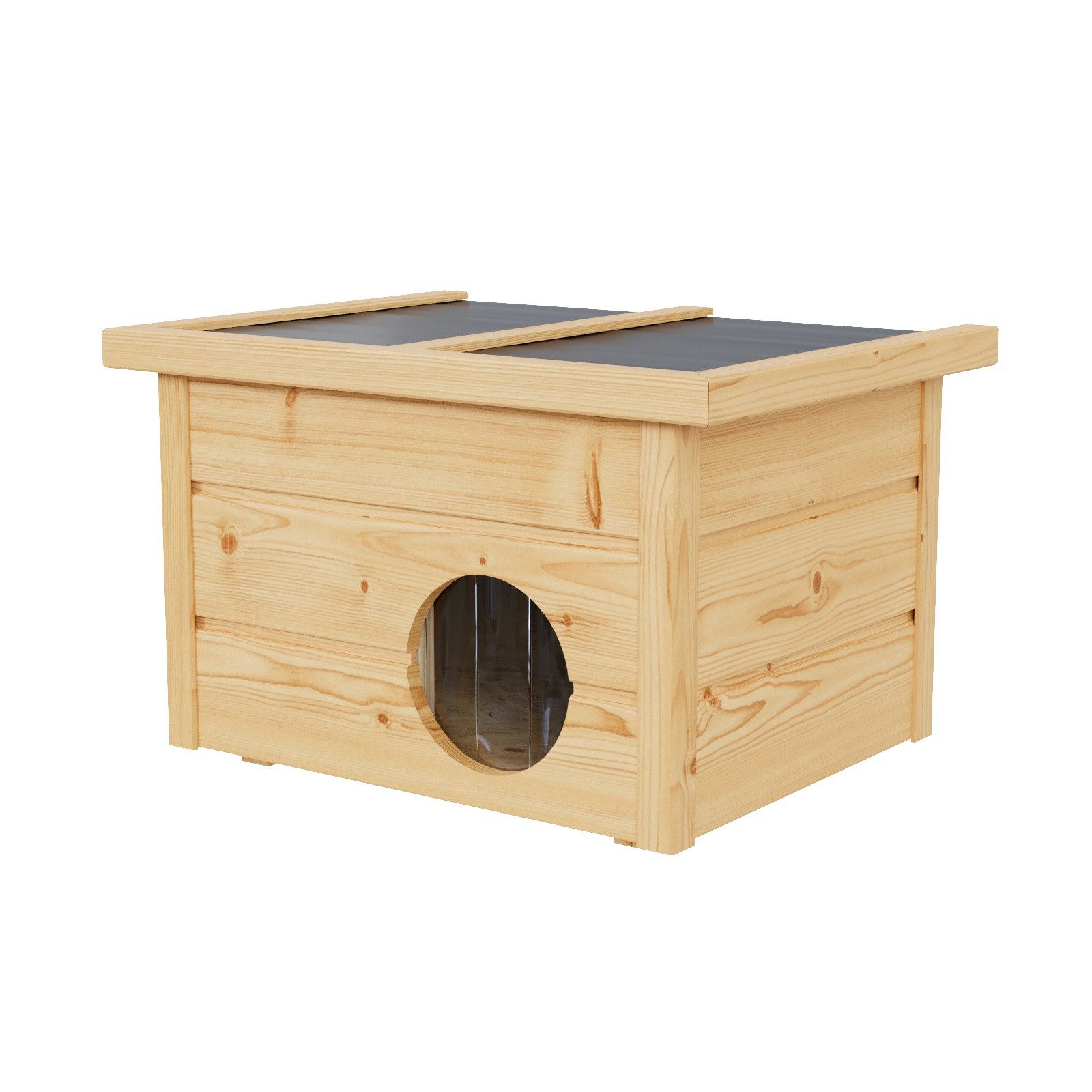 QLS Katzenhaus Outdoor Holz 40x50x37cm, klappbares Dach isoliert 2 cm Styropor, Vorhang, Holzleisten am Boden