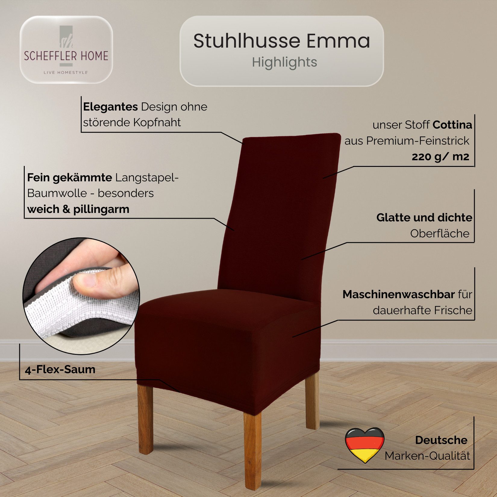sh SCHEFFLER-HOME LIVE HOMESTYLE Stuhlhusse Moderner Stuhlbezug "Emma" aus elastischer Baumwolle Cottina, abnehmbarer & waschbarer Spannbezug für Stühle