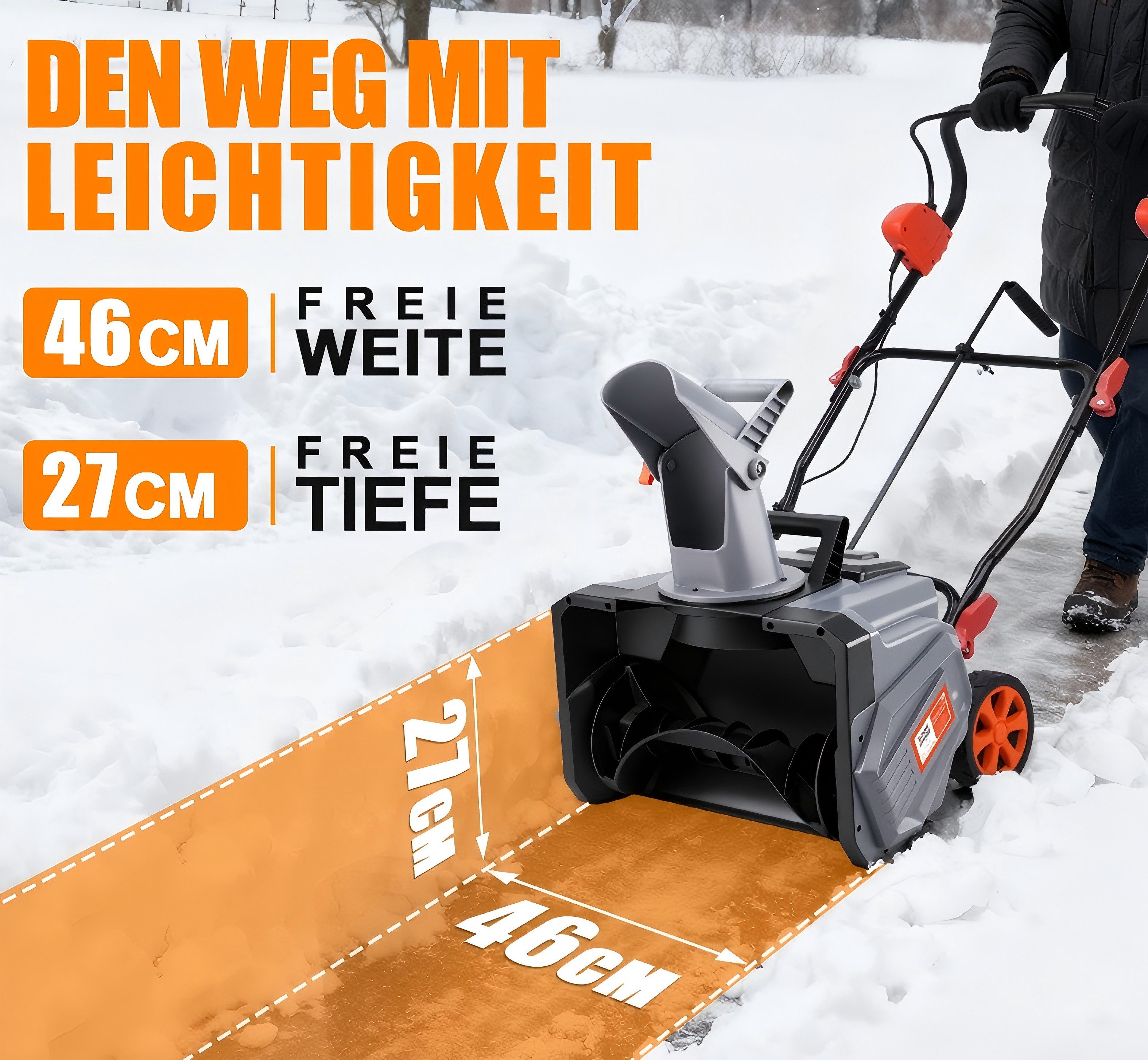 XERSEK Akku-Schneefräse 1400W Elektro Schneeschaufel Schneeschieber Brushless Motor 6500RPM, (46cm Arbeitsbreite 27cm Schneehöhe 7m Wurfweite, inkl. 2x4Ah Akkus – Bild 3 von 5