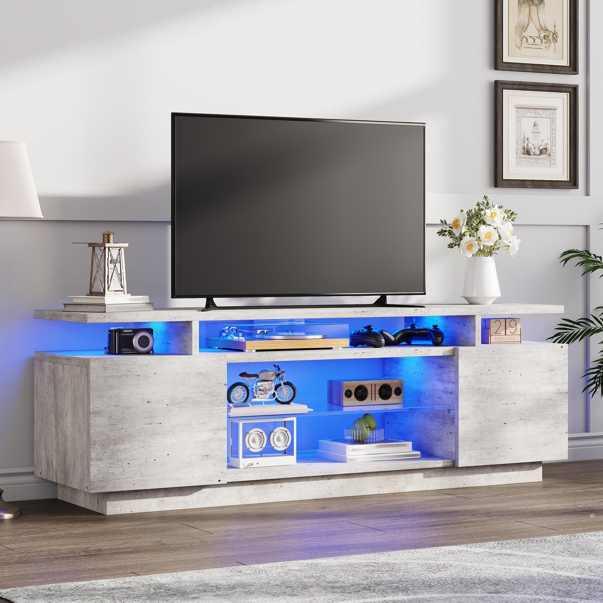 AMERLIFE Lowboard Hochglanz TV-Schrank mit RGB-LED, Fernsehtisch, TV-Regal, 160cm, 2 Türen & verstellbare Glasablage für TVs bis 75 Zoll