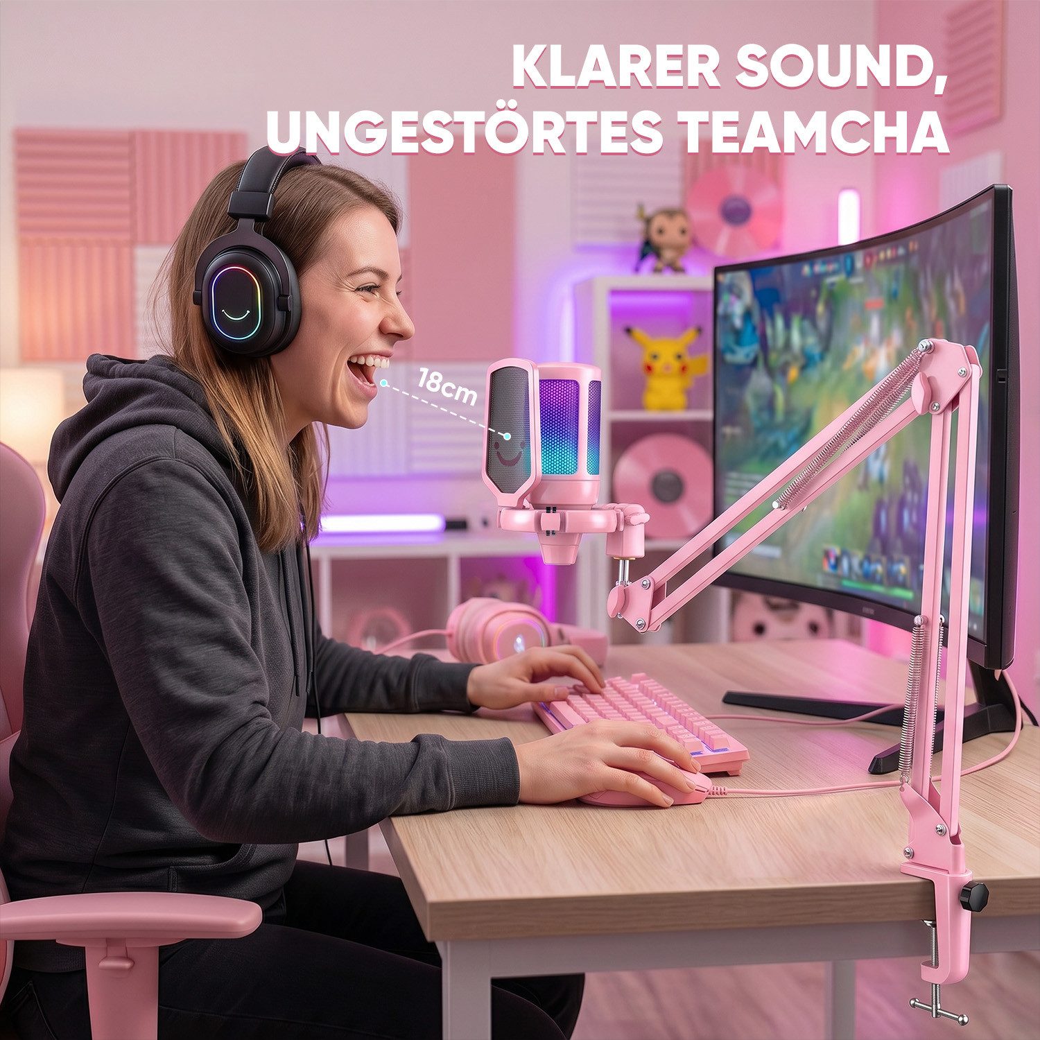 FIFINE Mikrofon USB Mikrofon Streaming mit Arm Kondensator Mikrofon Set PC Gaming RGB, Stummschalttaste, Popfilter und Stoßdämpferhalterung, Pink