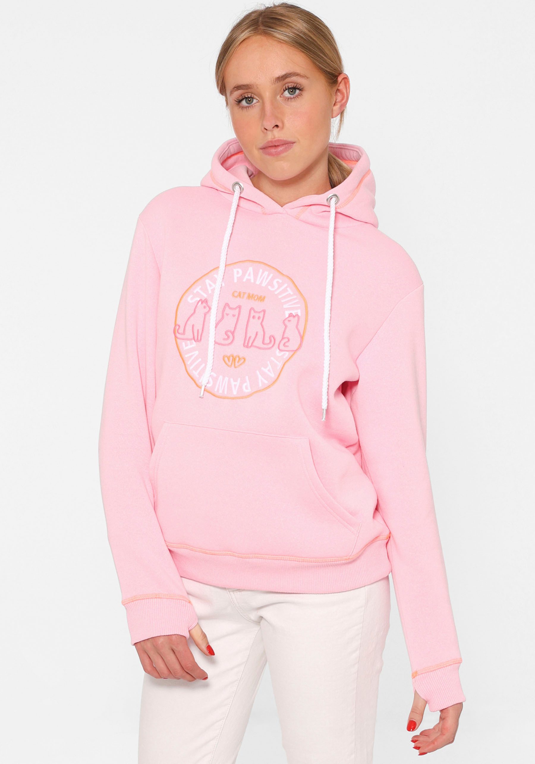 Zwillingsherz Hoodie "Cat Mom" mit aufgesticktem Katzenmotiv und Kontrastnähten