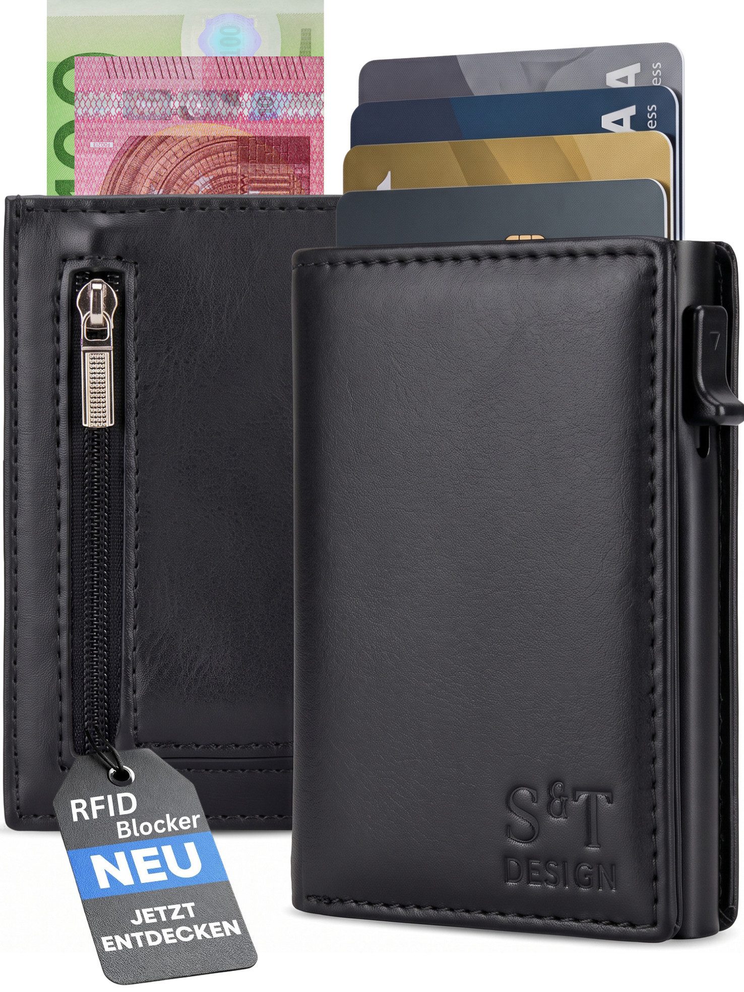 S&T Design Smart-Wallet RFID-Geldbörse Brieftasche Kartenetui Leder mit Münz- und Bargeldfach (14 Karten Kleines Portmonee Schwarz, 1-tlg., …