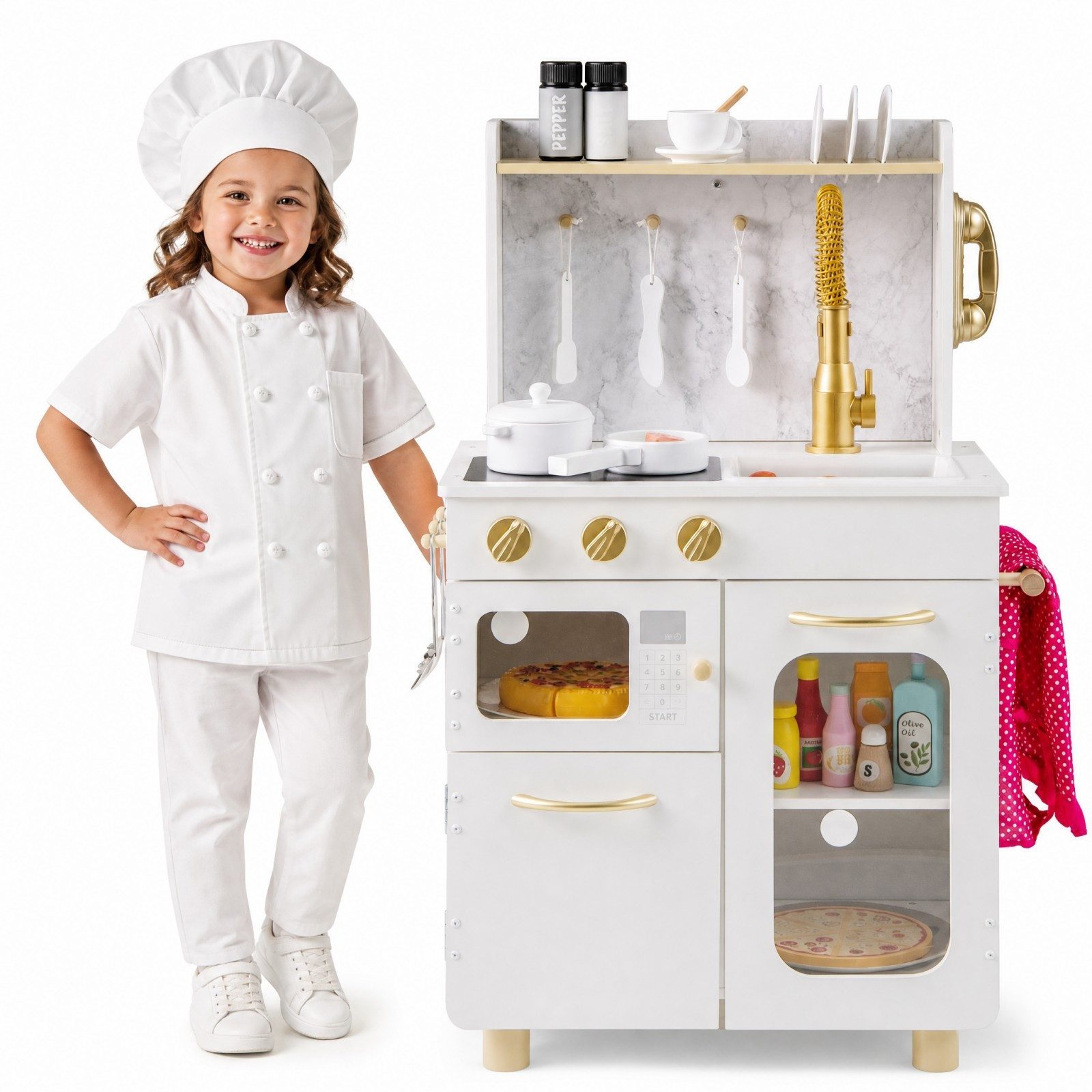 KOMFOTTEU Spielküche Kinderküche Holzküche, mit 12 Zubehör