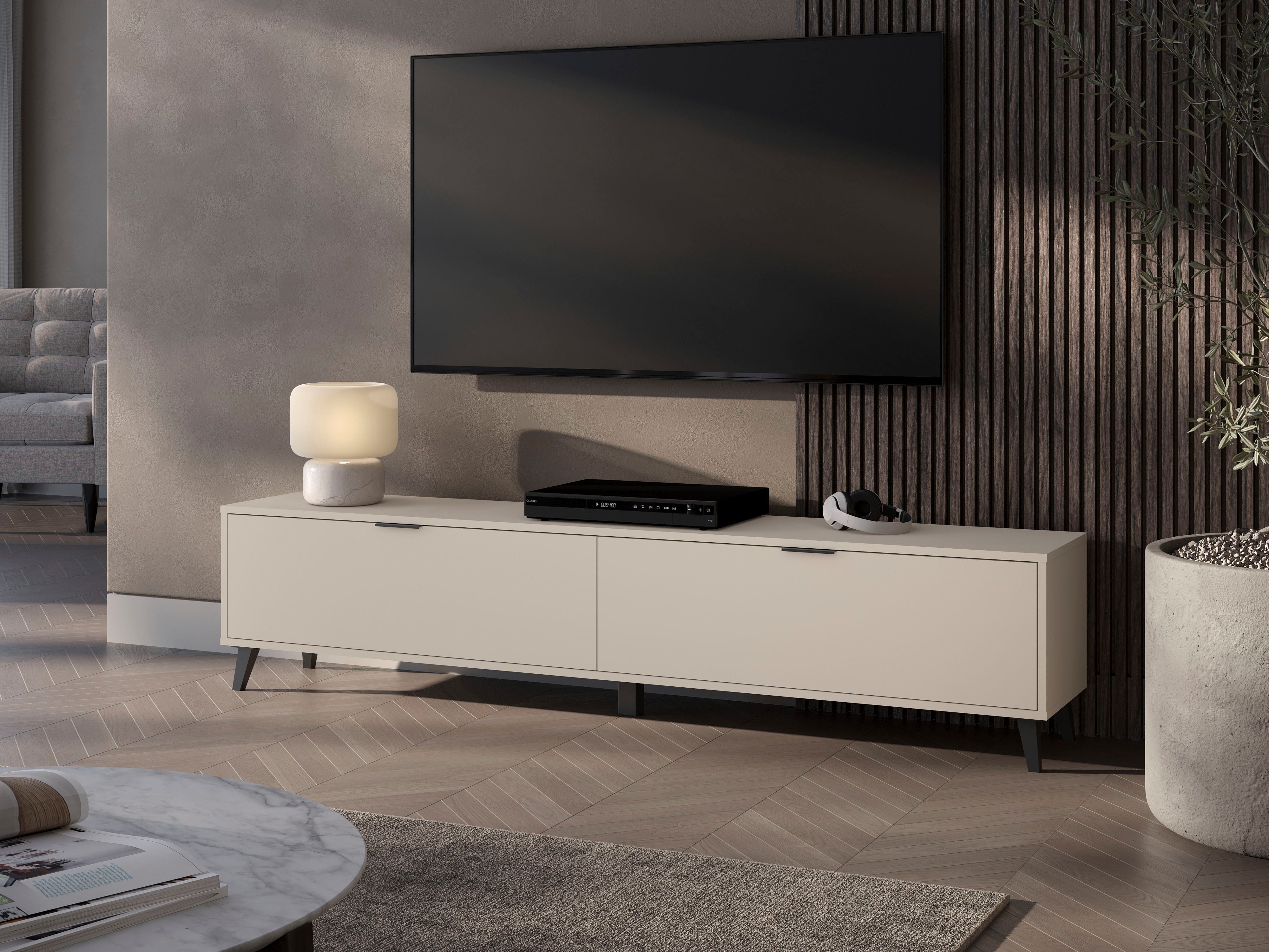 OTTO home Lowboard Oslo, B/H/T: 180/40/33 cm, 2 Klappen, schwarze Metallgriffe, schwarze Füße