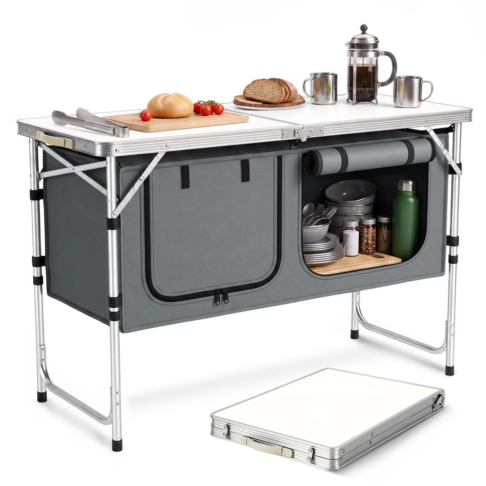 Sekey Campingtisch 120 cm Faltbar Campingtisch Höhenverstellbar Campingschrank Klappbar, Outdoor Campingküche mit Stauraum, inkl.Tragetasche 120 x 47 x 54–70cm – Bild 2 von 5