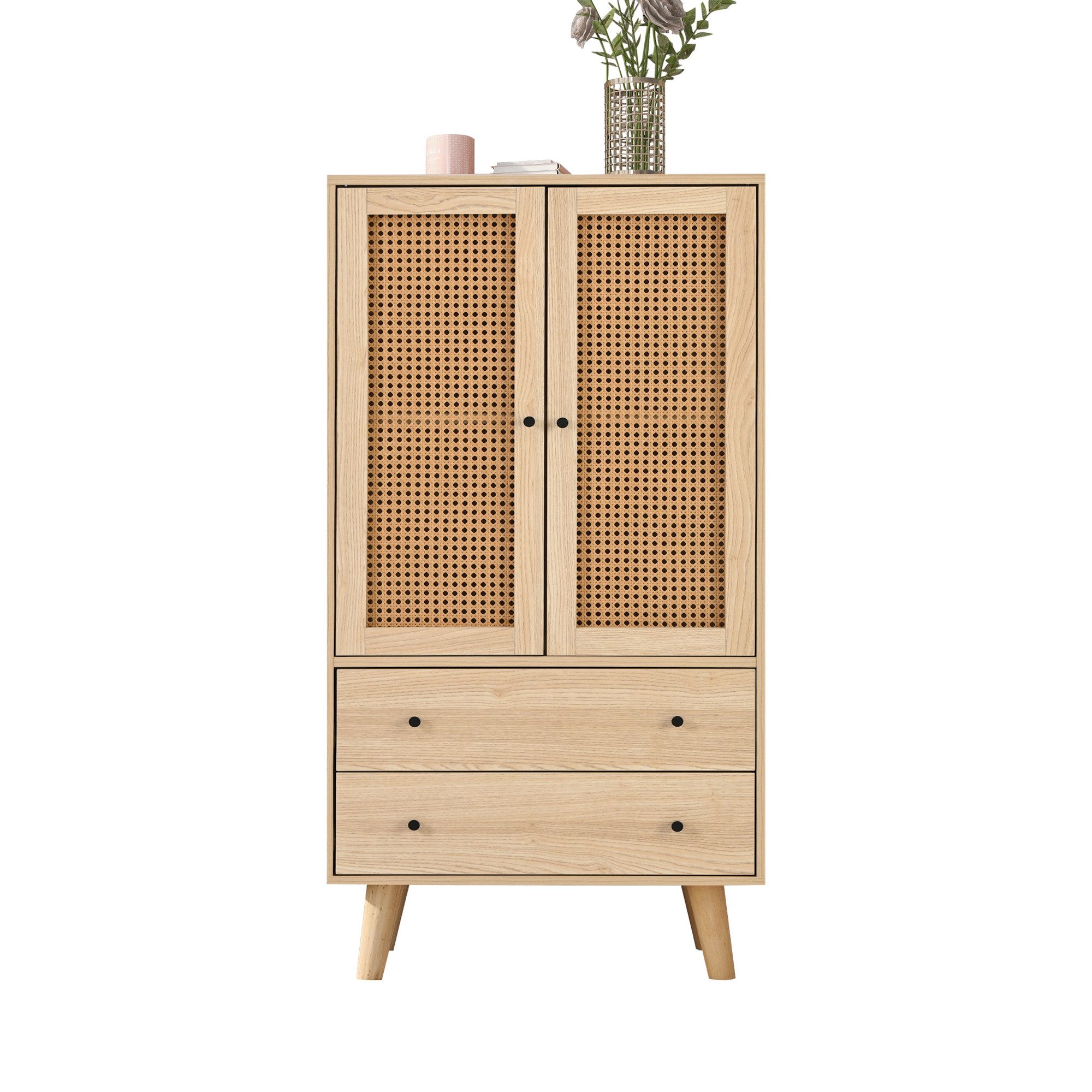 Sweiko Highboard, Sideboard mit Rattantüren und 2 Schubladen,Holzbeine,60*40*120cm