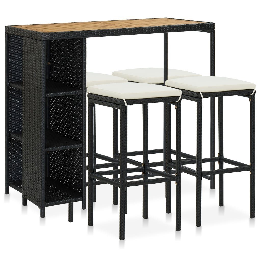 vidaXL Gartenlounge-Set 5-tlg. Gartenbar-Set mit Kissen Poly Rattan Schwarz, (1-tlg)