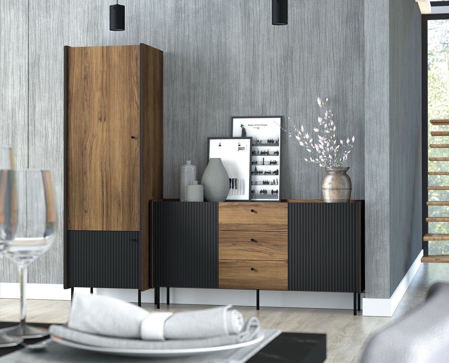 Compleo Kleiderschrank Schmale Garderobe mit gerifflete Front COMO, Breite: 59 cm