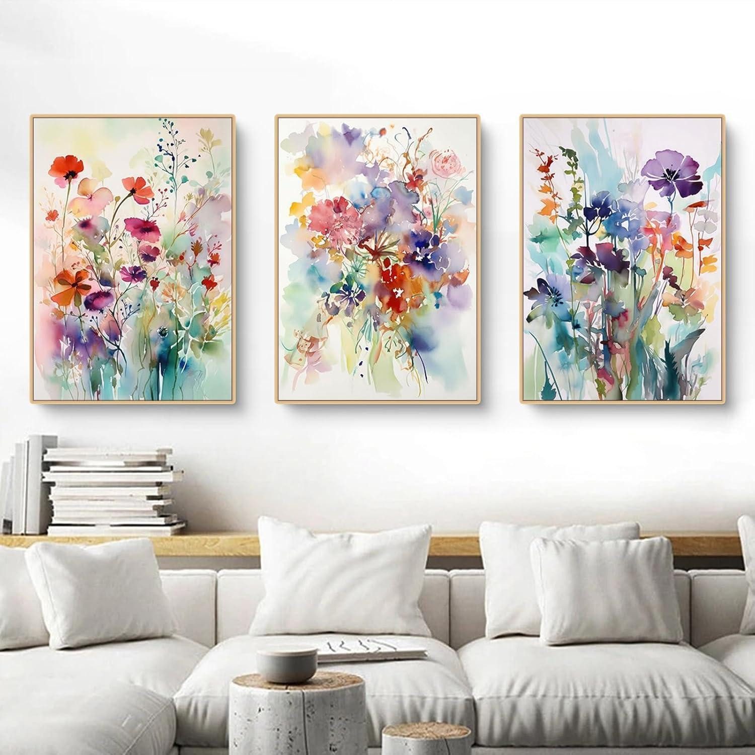 LuxusKollektion Poster Bilder Wohnzimmer 3er Set Bunt Blumen Leinwand Poster Wanddeko 21x30cm, (1 St)
