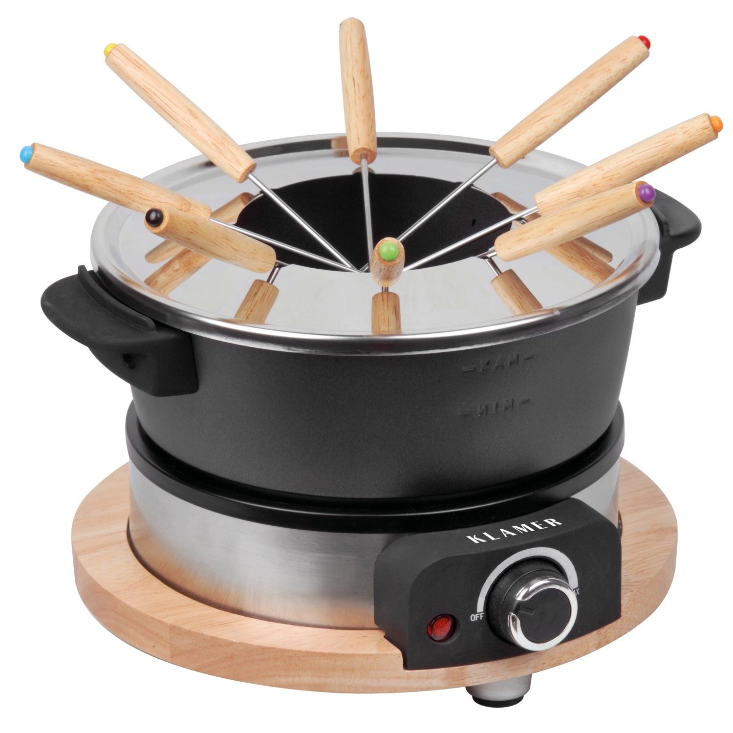 KLAMER Elektro-Fondue Set für bis zu 8 Personen, inkl. 8x Fonduegabeln, stufenlose Einstell…, 8 Fonduegabeln, 1,5 l, 1300W, schnelle Zubereitung, Holzdesign, 1,5L, Topf aus Aluguss