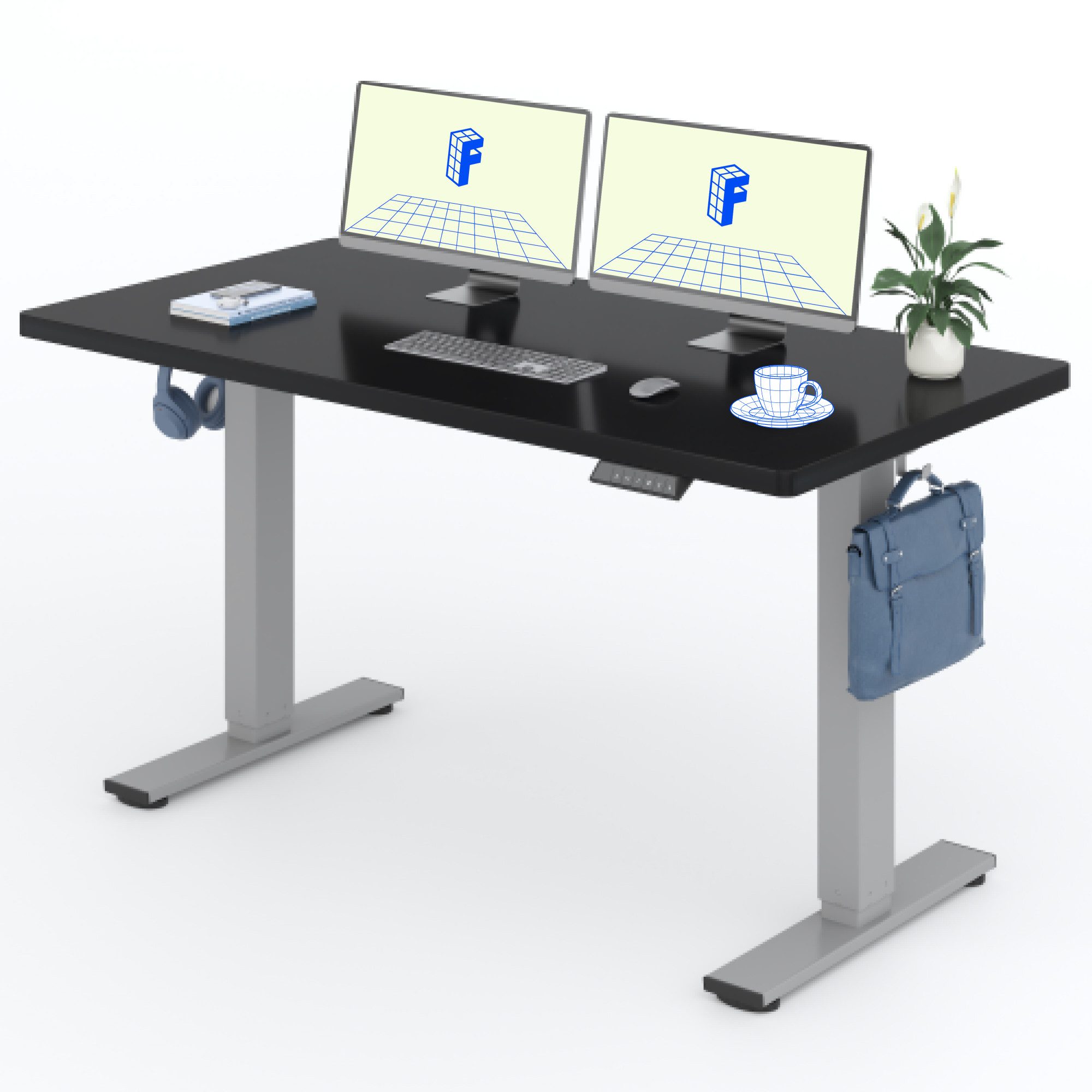 FLEXISPOT Schreibtisch Basic-Series Elektrisch höhenverstellbarer Schreibtisch (Anti-Kollisions-system, 2- Fach-Teleskop, mit Haken, LED-Display), MAX. Load: 80kg, 100/110/120/140/160, MIT einteilige Tischplatte