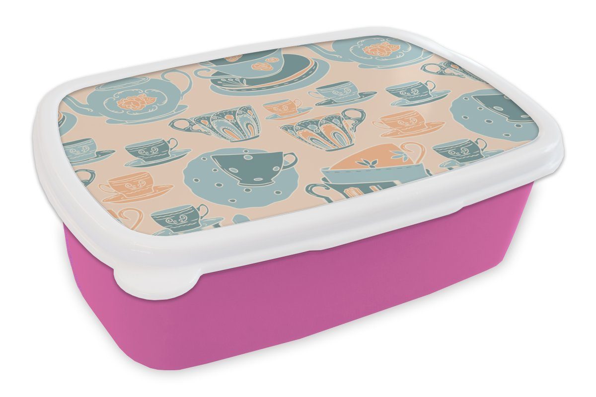 MuchoWow Lunchbox Muster - Vintage - Tasse - Tee, Kunststoff, (2-tlg), Brotbox für Erwachsene, Brotdose Kinder, Snackbox, Mädchen, Kunststoff rosa