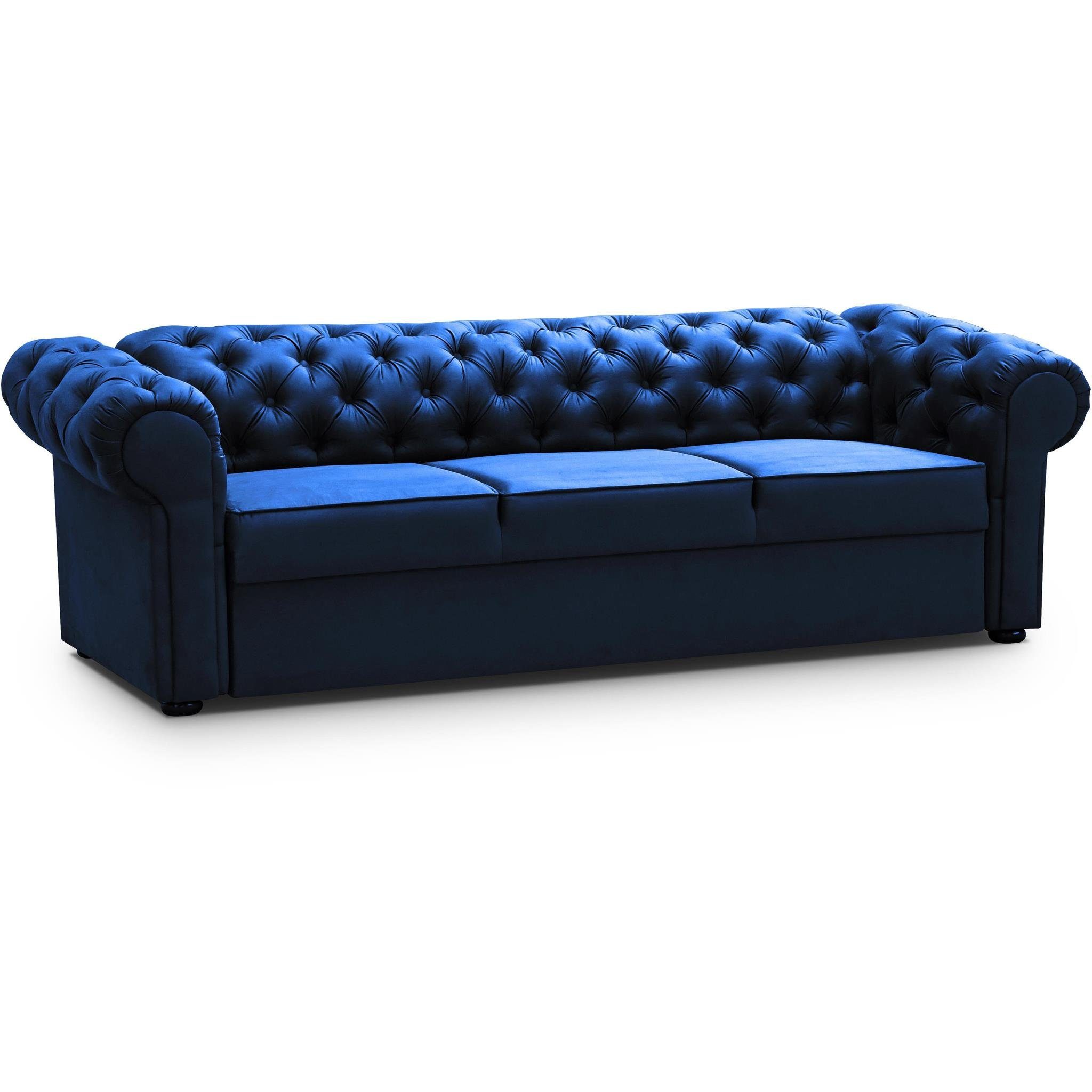 Stil mit + 2-Sitzer (kronos Chester, (Sessel im Sofa Wellenunterfederung inkl. 3-Sitzer Chesterfield Marineblau 09) Couchgarnitur Beautysofa Sofa Polstergarnitur Steppung), +