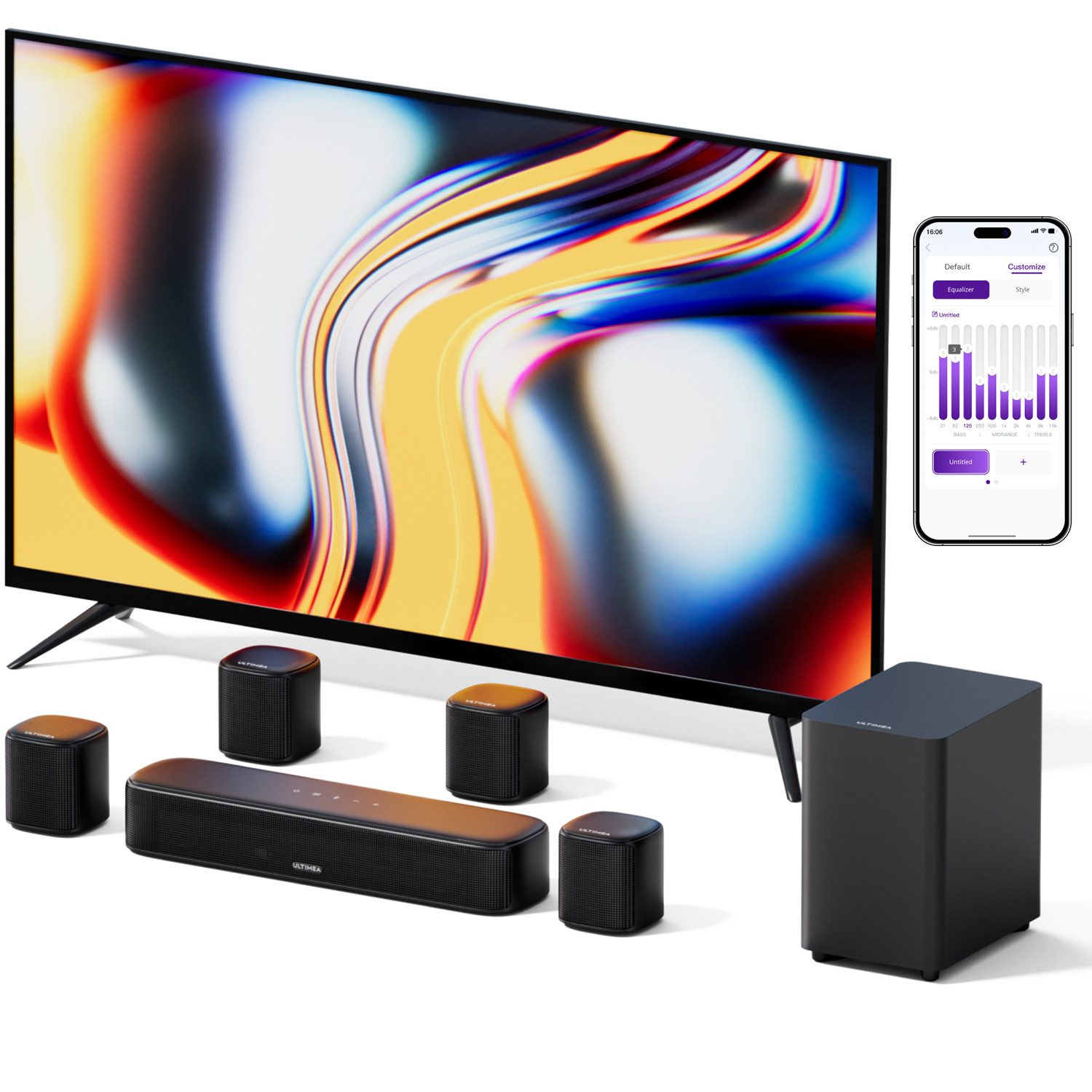 Ultimea Aura A40 Lautsprecher 7.1-Kanal Virtuelles Surround-Soundbar (330 W, Verkabelter Subwoofer, 4 verstellbare Surround-Lautsprecher)