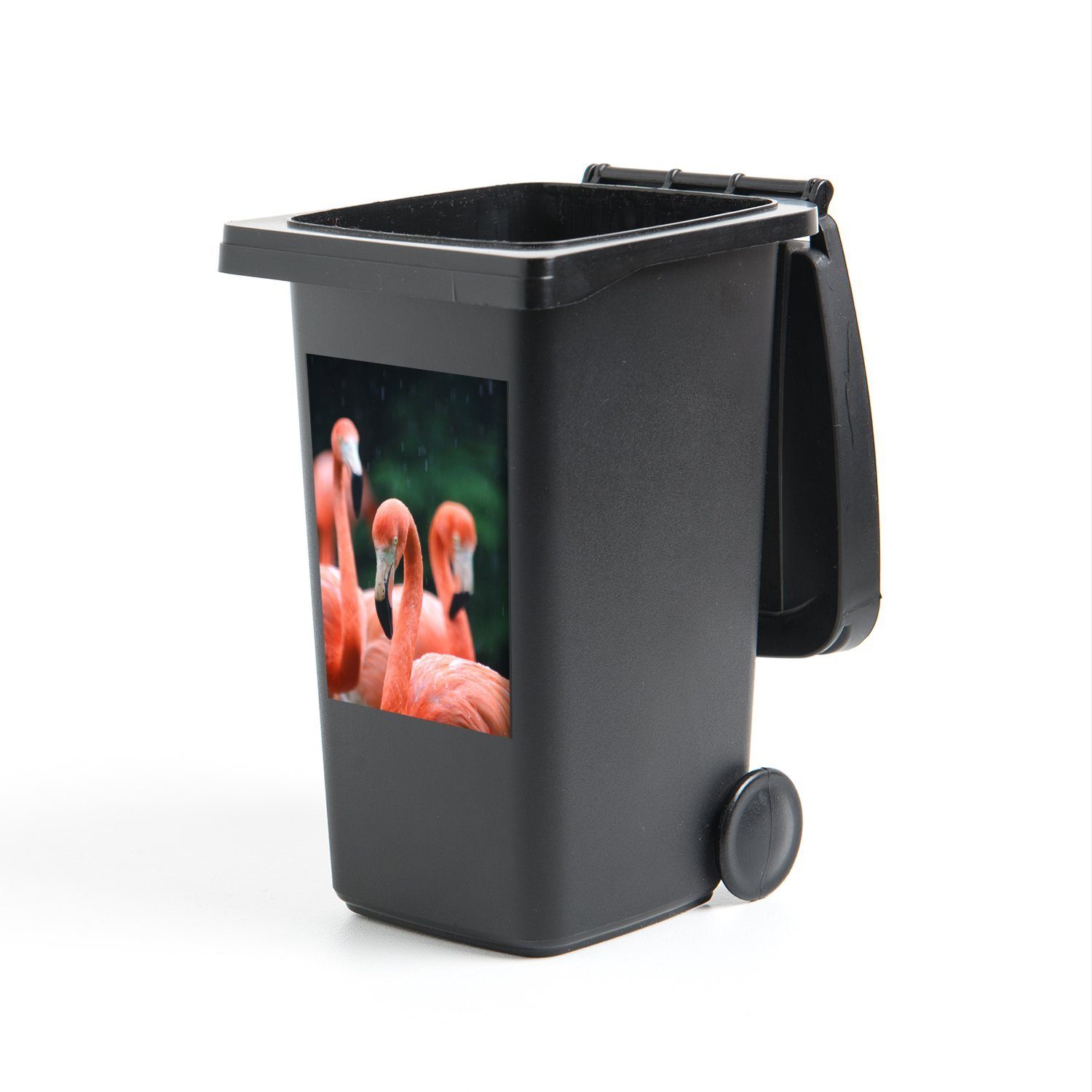 Wandsticker (1 Mülleimer-aufkleber, Container, MuchoWow Flamingos Abfalbehälter St), Sticker, Mülltonne, Regen im