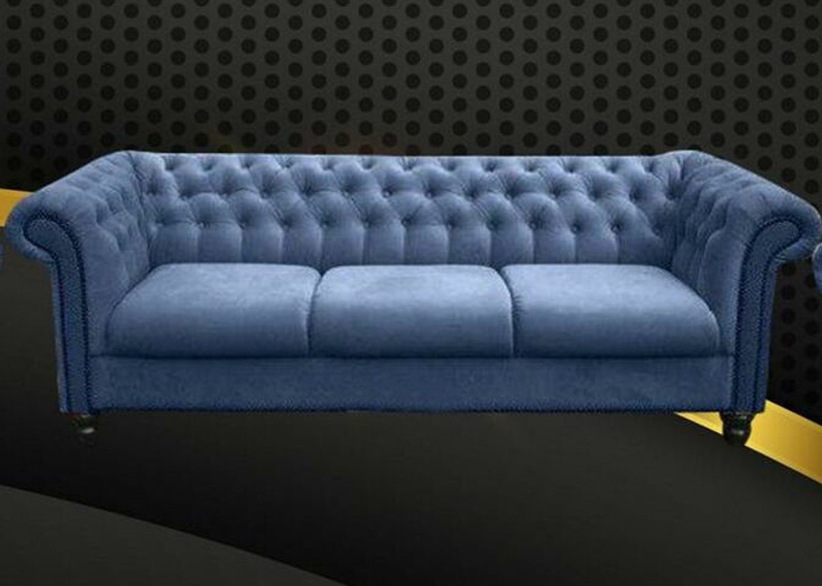 JVmoebel Chesterfield-Sofa, Dreisitzer Stoff Wohnzimmer Design Sofas Samt Blau