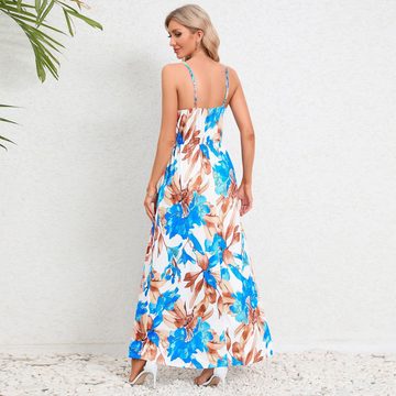 B.X Strandkleid Damen Sommer-Lässiges für tropisches Blumenmuster lange Kleider Spaghettiträger Boho-V-Ausschnitt fließende Strandkleider
