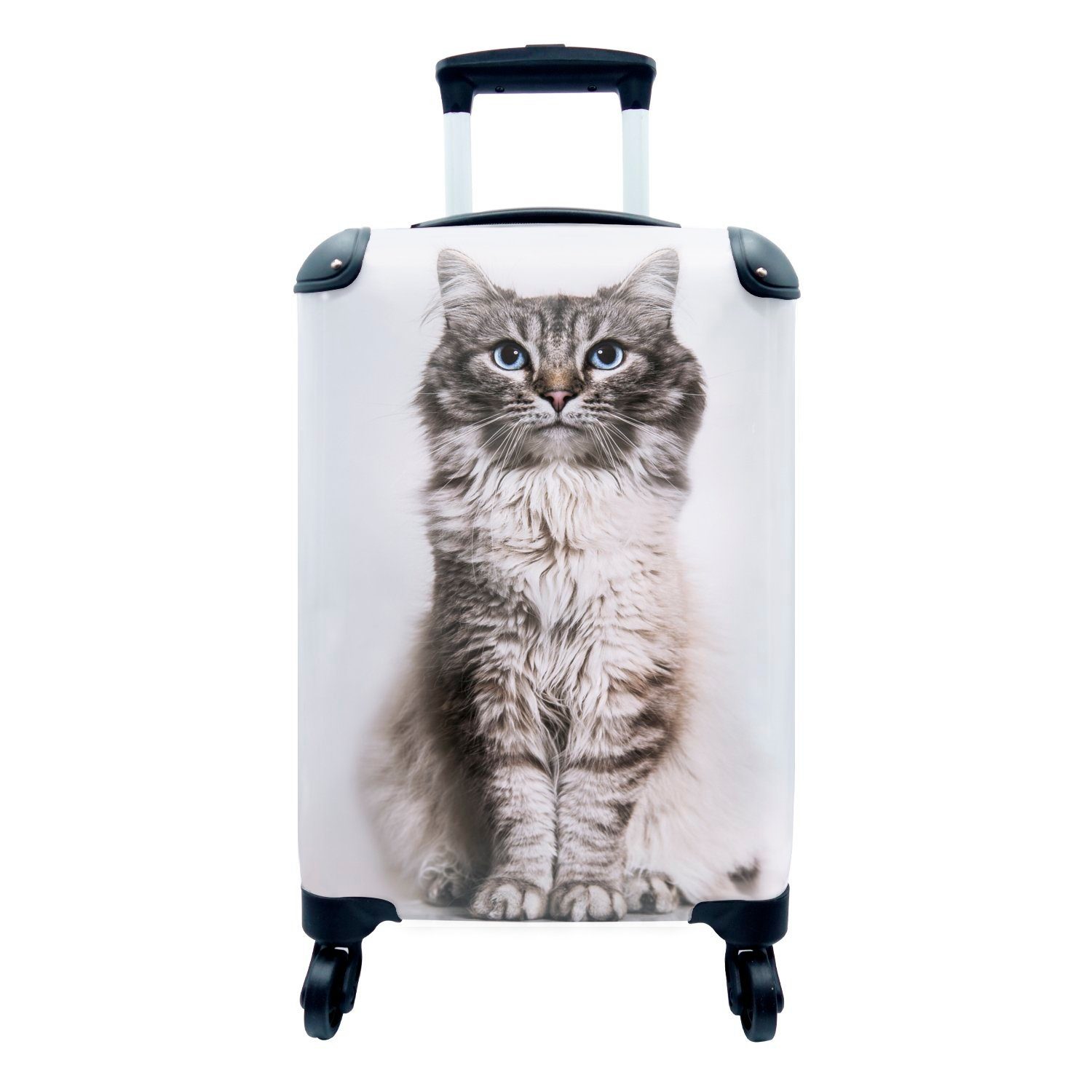 Ferien, Handgepäckkoffer 4 weißem mit mit für Reisekoffer auf Rollen, Handgepäck Katze Reisetasche Augen Trolley, MuchoWow Hintergrund, blauen rollen,