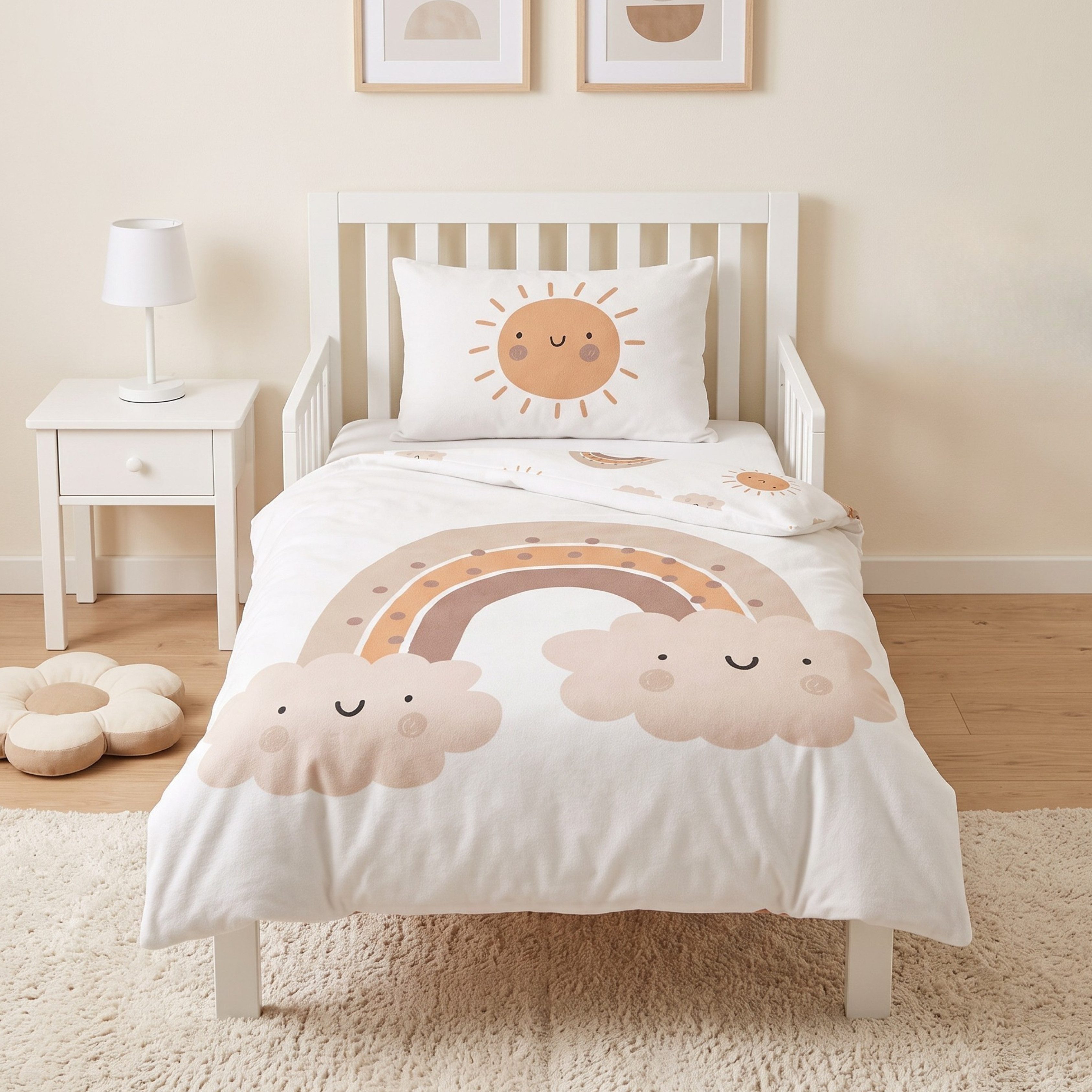 MTOnlinehandel Babybettwäsche Little Sunrise Biber/ Flanell in 100x135 + 40x60 cm, Boho, 100% Baumwolle, 2 teilig, Winterbettwäsche kuschelig und weich, Regenbögen und Sonne, weiß