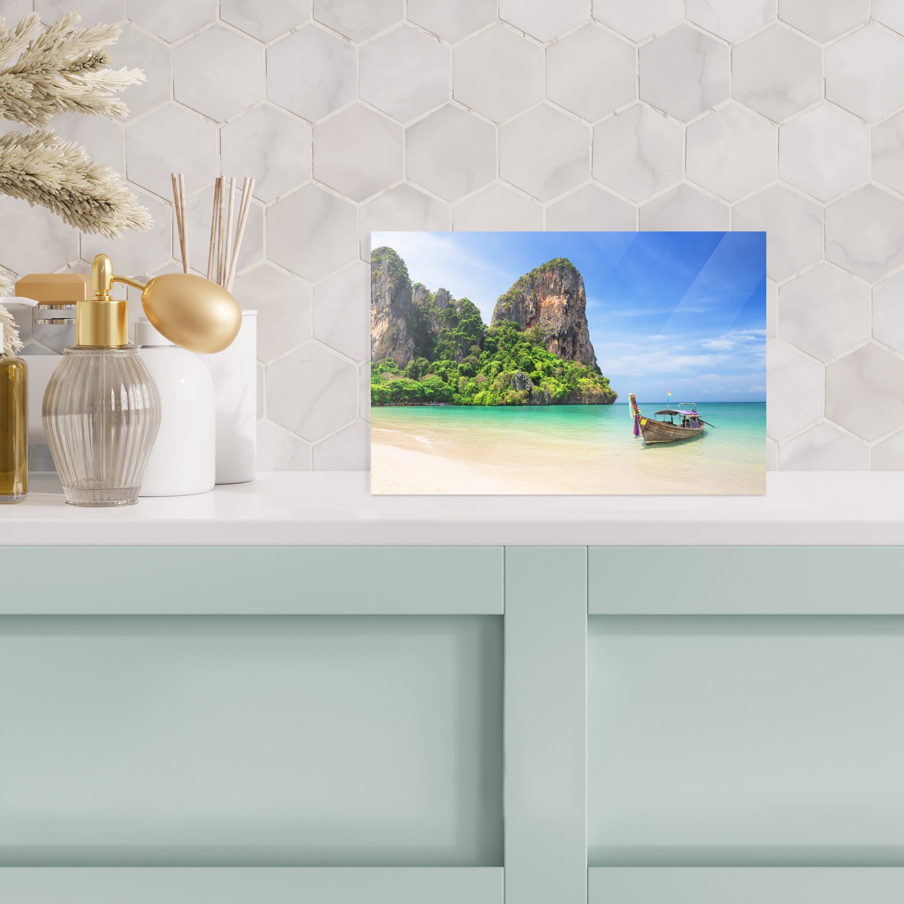 Acrylglasbild Glasbilder Thailand Strand St), - - MuchoWow auf auf Glas - Wandbild Foto (1 - Boot, Wanddekoration Meer Glas - - Bilder