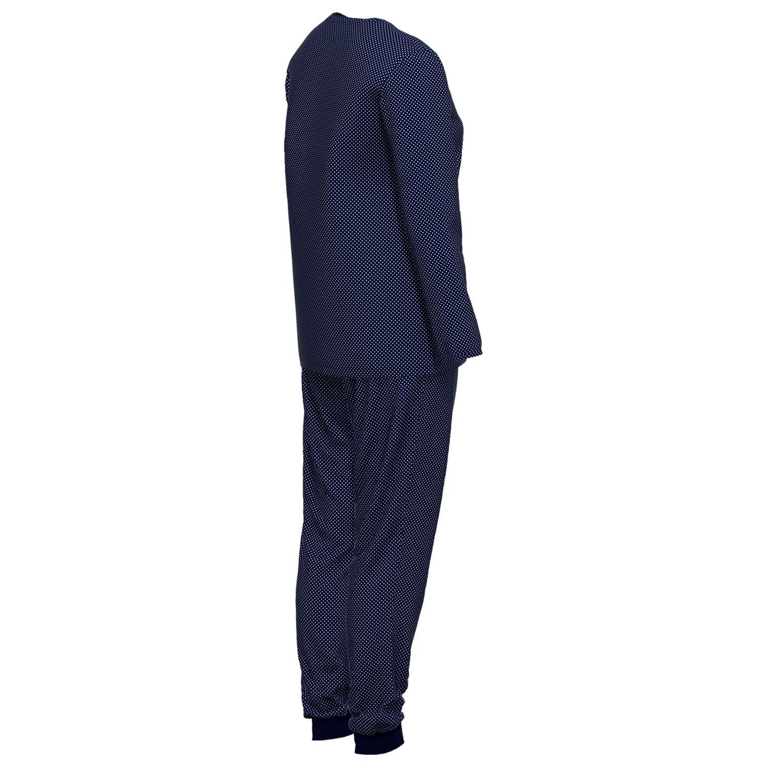 GÖTZBURG Schlafanzug mit Henley-Auschnitt, navy langarm, bequem, weiß Baumolle / gepunktet weich, reine Knöpfe