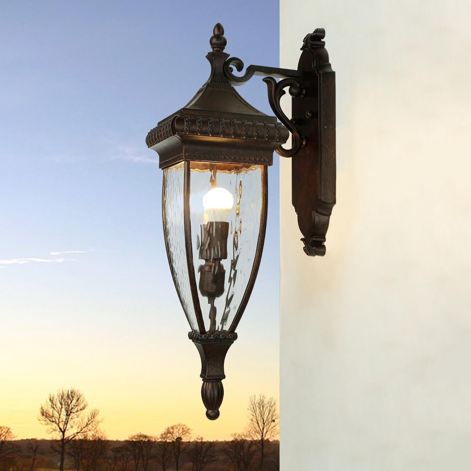 Licht-Erlebnisse Außen-Wandleuchte LUCRETIA, ohne Leuchtmittel, Außenwandleuchte Haus Hof IP44 in Bronze E14 Glas Metall Vintage