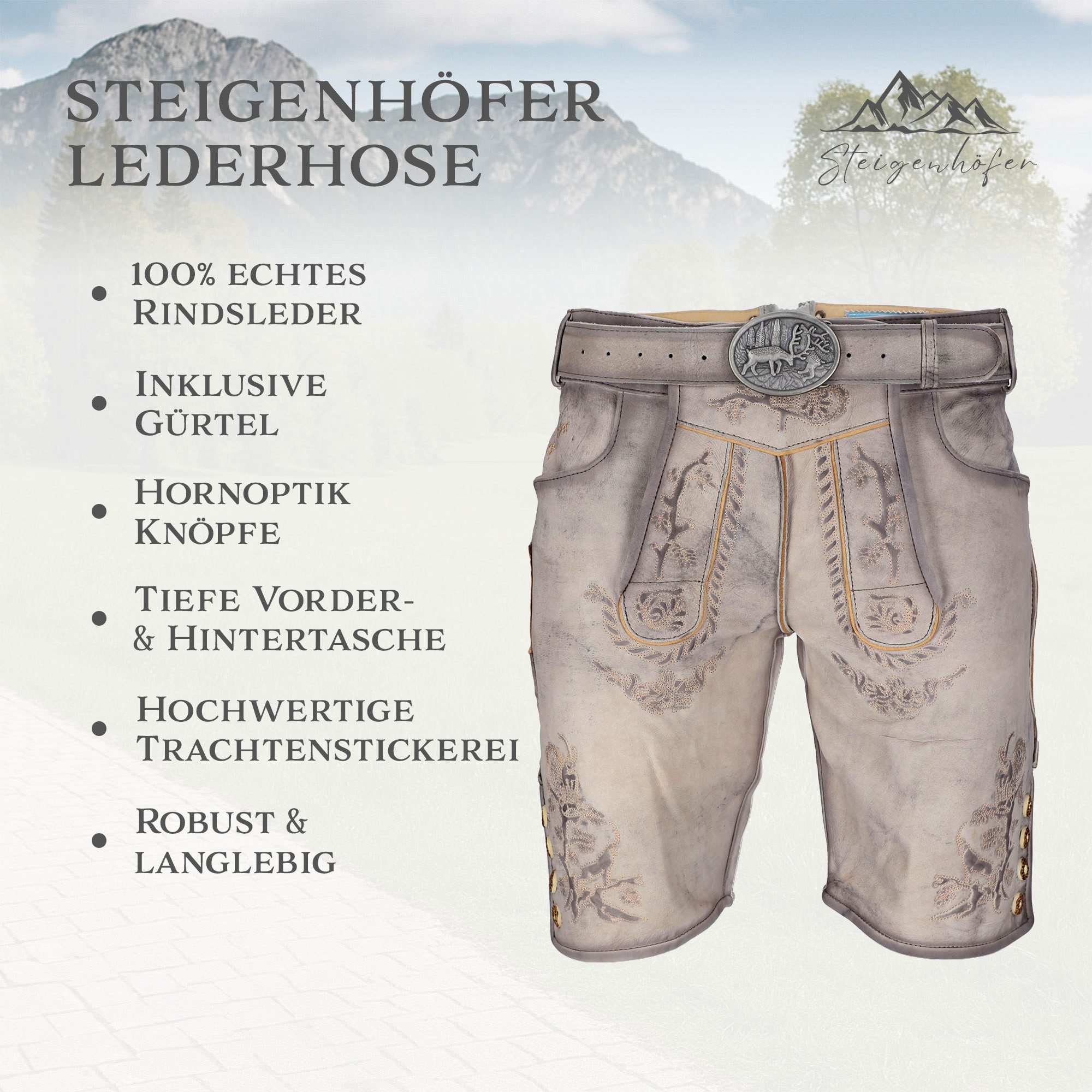 Steigenhöfer Manufaktur Trachtenlederhose FRANZ Vintage Trachtenhose mit Gürtel Nubukleder - Ideal für Dein Oktoberfest Herren Outfit