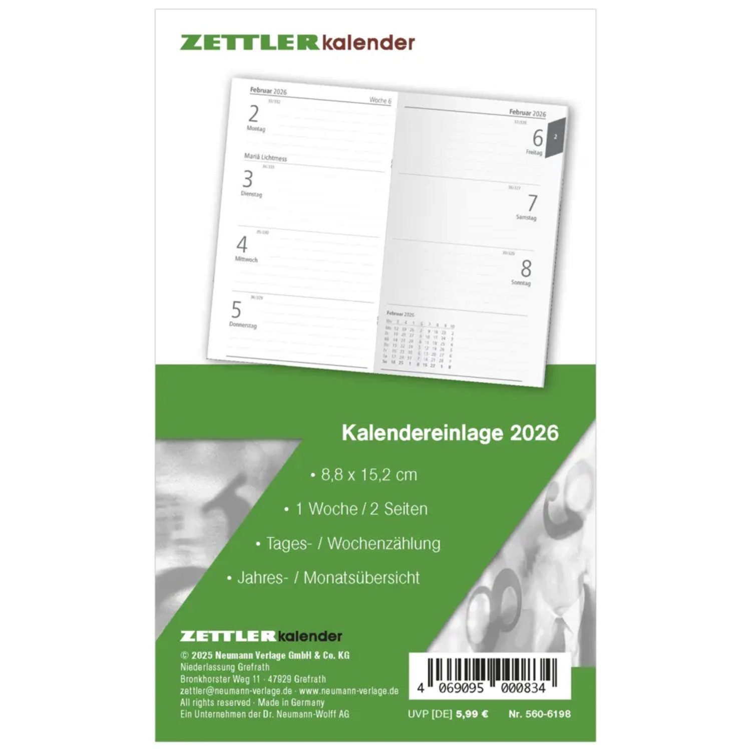 ZETTLER Taschenkalender Zettler Kalenderersatzeinlage TP 1W/2S 2026 - Ersatzkalendarium 9 ×...