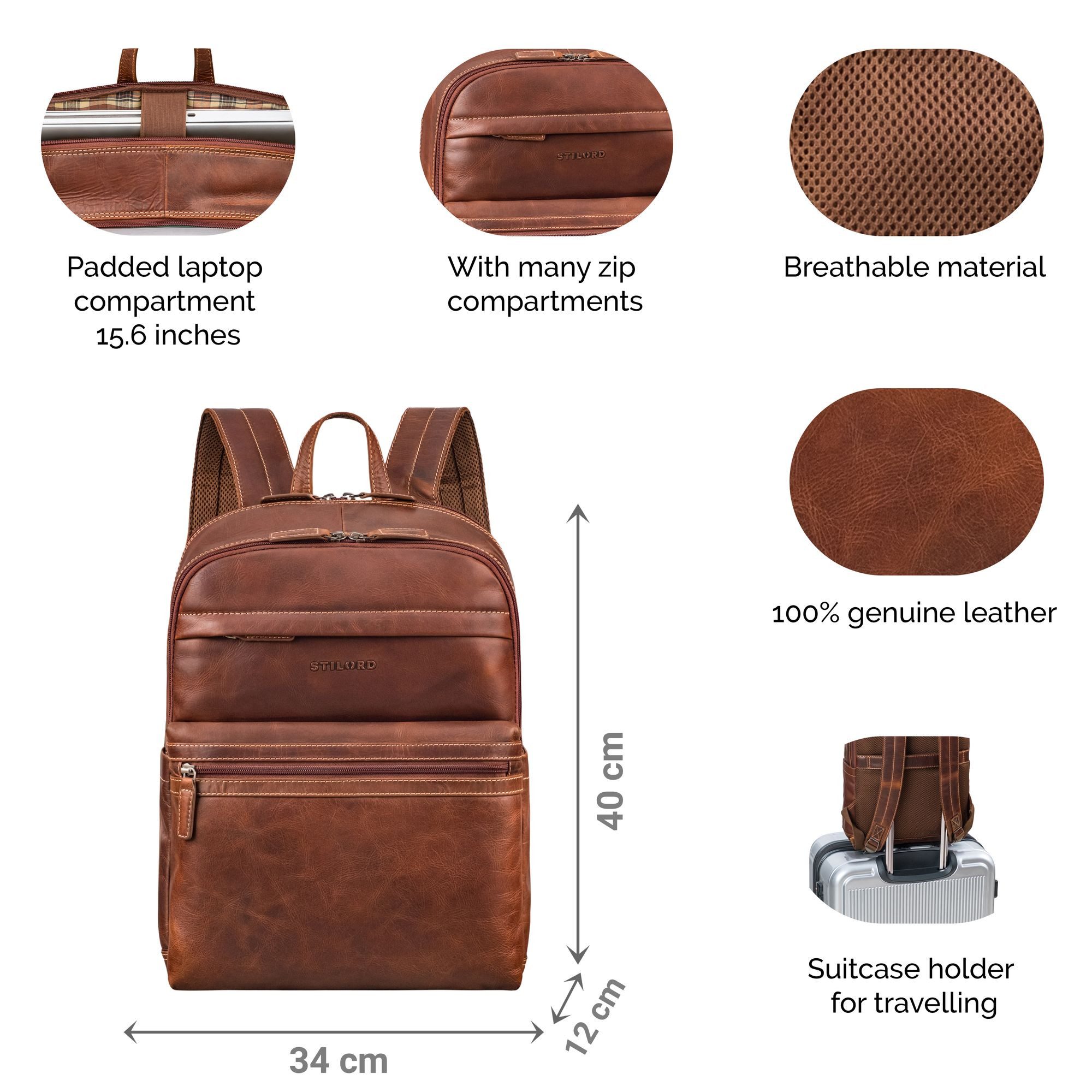 STILORD Notebookrucksack "Gunnar" Großer Echtleder Business Rucksack 15.6 Zoll für Damen