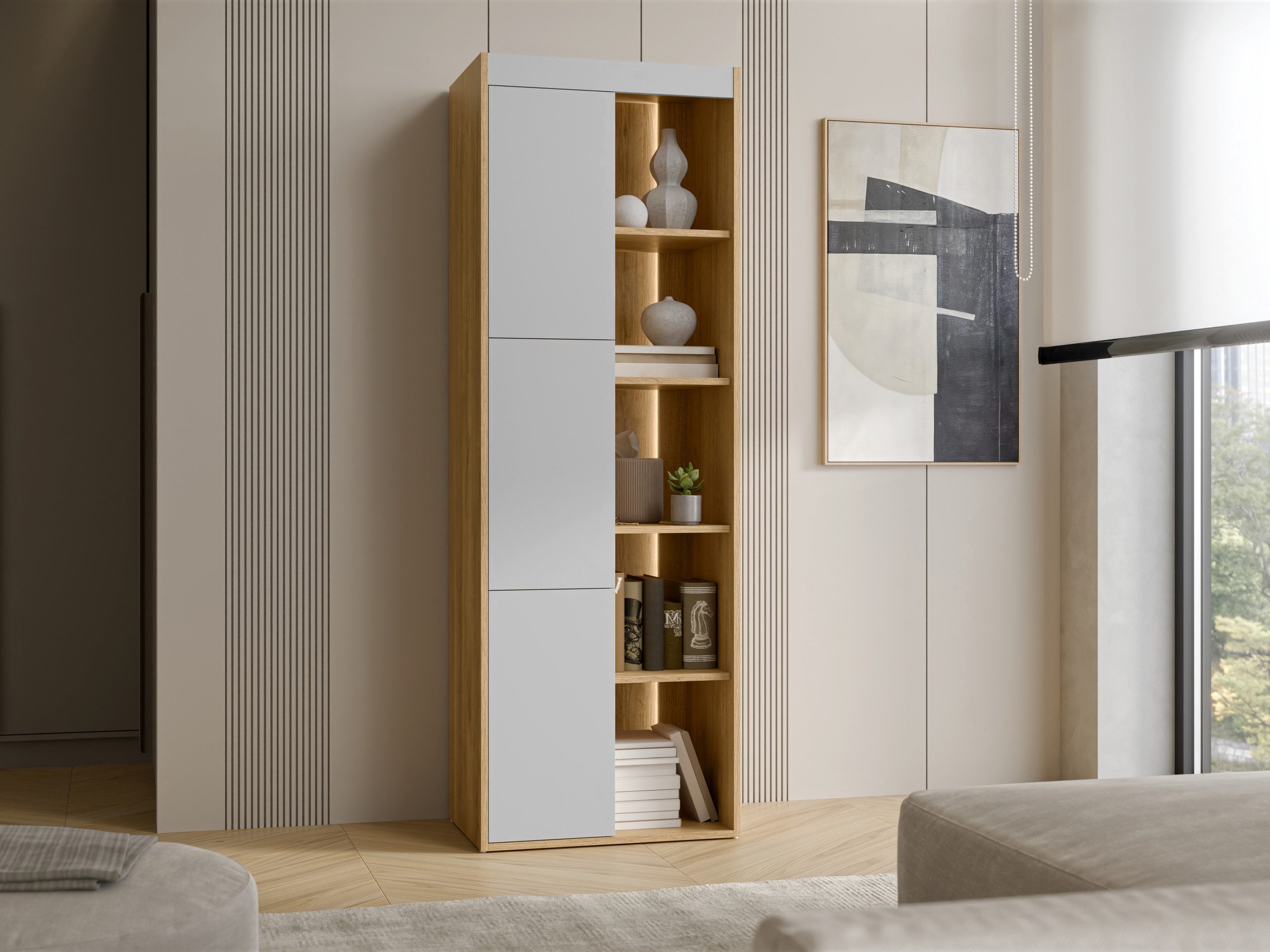 MIRJAN24 Vitrine Fiore 60 3D (mit drei Drehtüren) Warmweißer LED-Beleuchtung, 60x39x176 cm