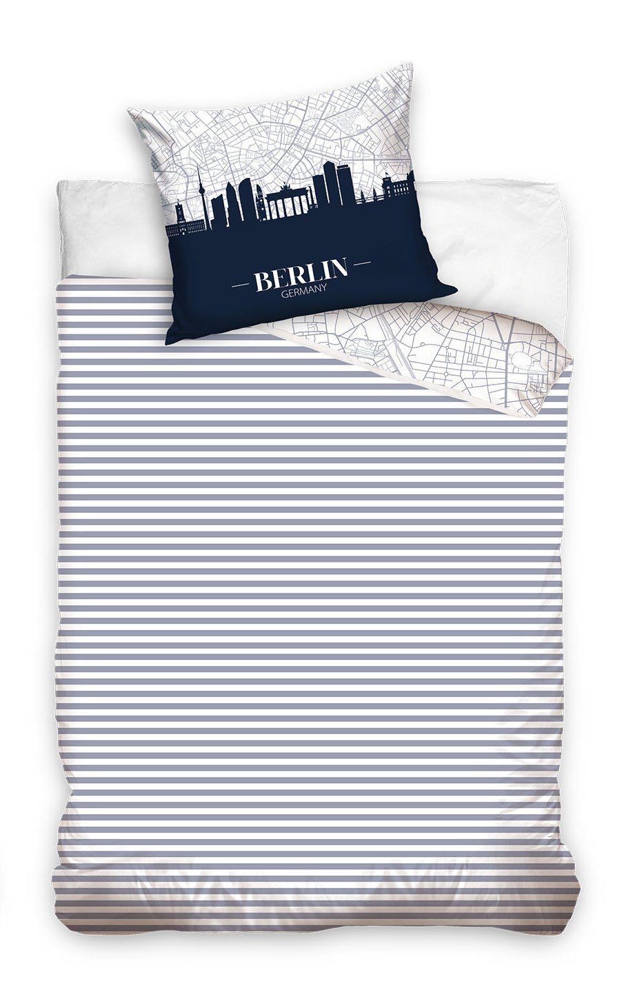 MTOnlinehandel Bettwäsche Berlin Skyline 135x200 + 80x80 cm, 100 % Baumwolle, Renforcé, 2 teilig, coole Bettwäsche Berlin für Kinder, Teenager & Erwachsene