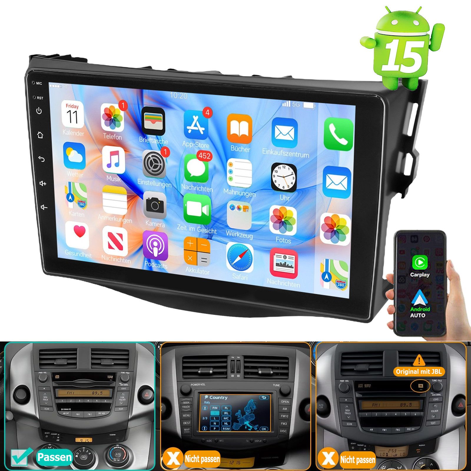 ESSGOO DAB+ 9" Android 15 Autoradio Für Toyota RAV4 2007-2012 Apple Carplay Autoradio (Digitalradio (DAB), 4+64GB(optional), RDS, AM, FM, Carplay Android Auto Bluetooth EQ USB GPS Navi WIFI Touchscreen)