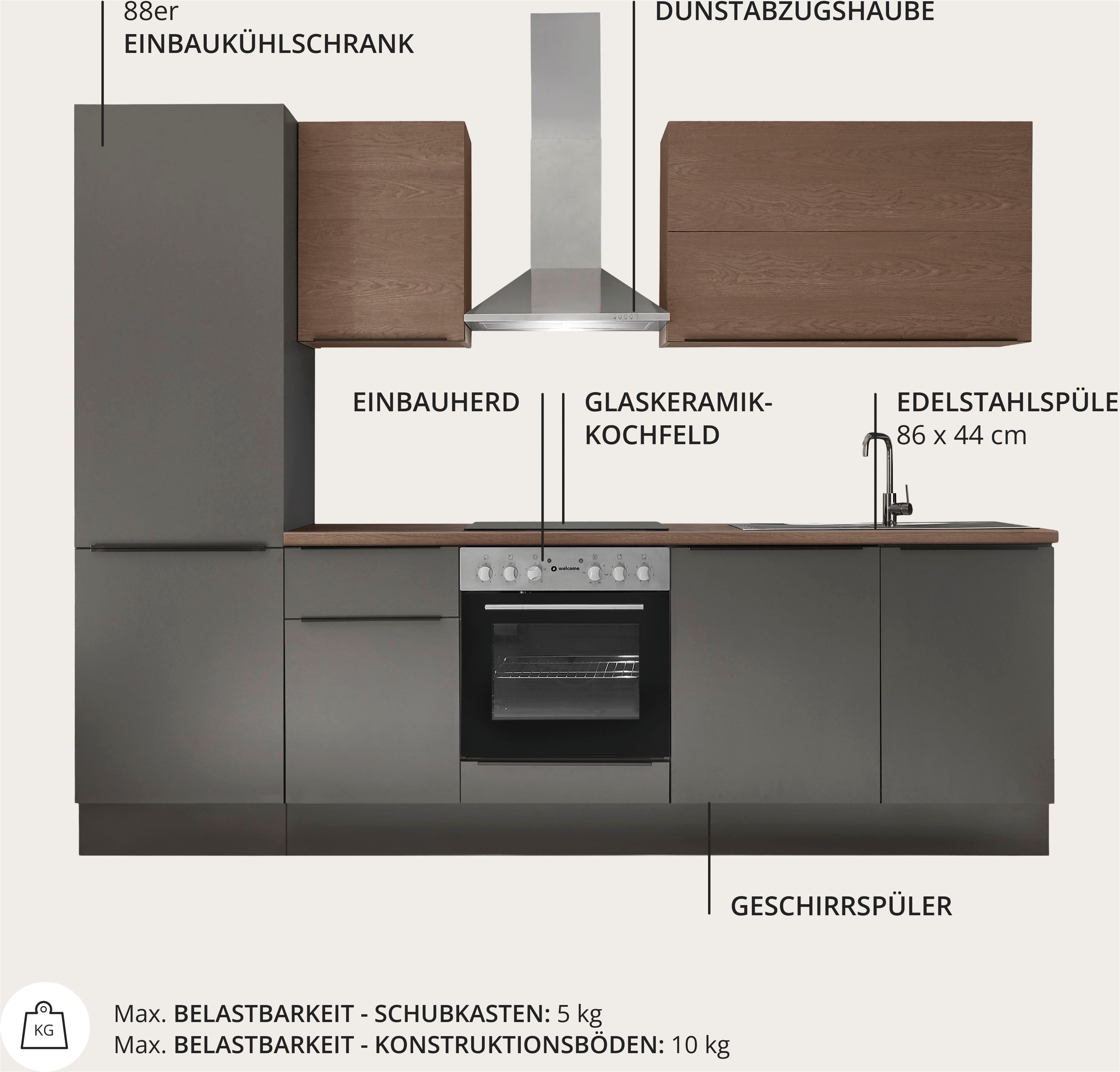 KOCHSTATION Küchenzeile Cocco B/H/T 280x211x60 cm, Breite 280 cm, wahlweise mit E-Geräten und Induktion