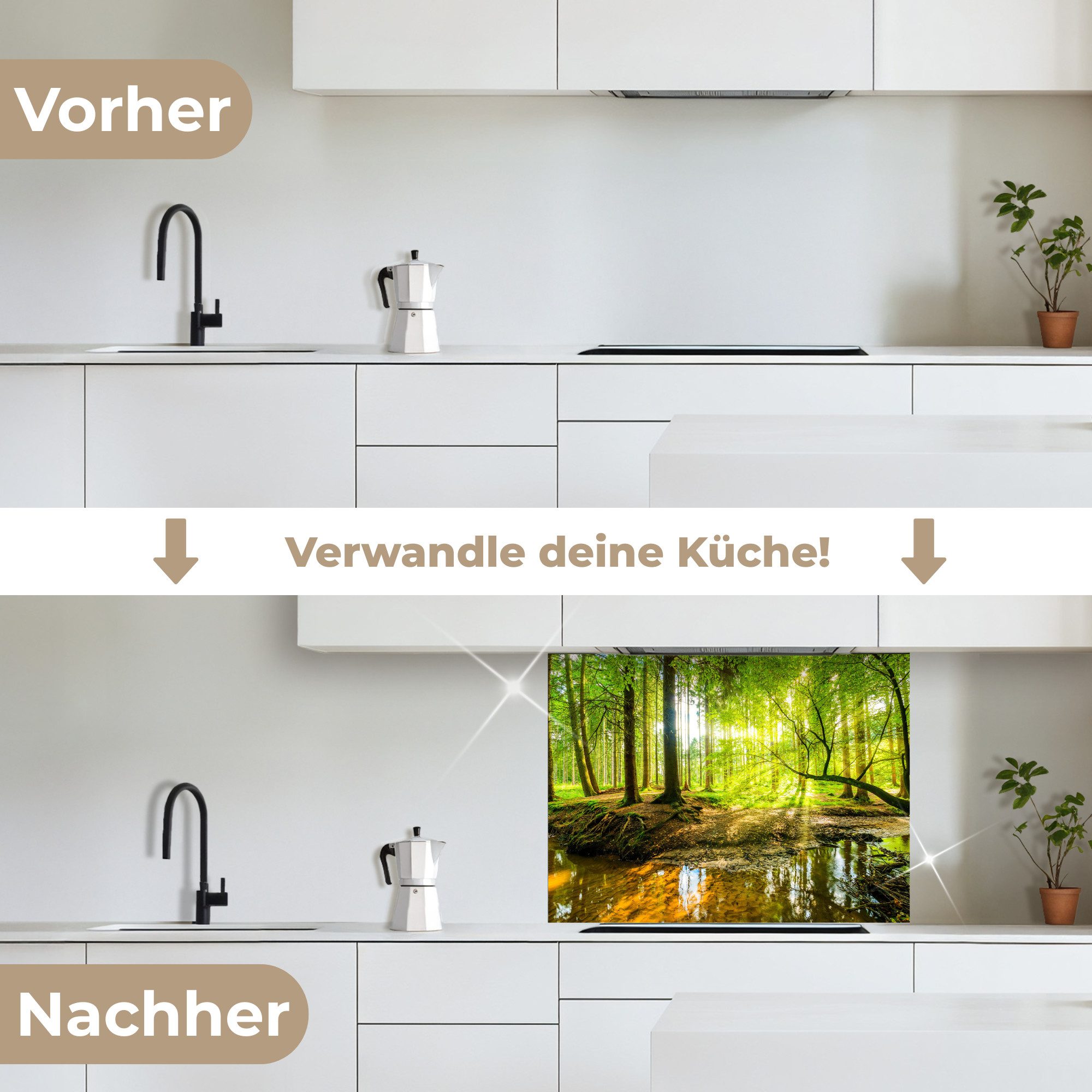 KitchenYeah Küchenrückwand selbstklebend Wald - Landschaft - Wasser - Bäume - Sonne - Grün - Natu, (1-tlg), Spritzschutz, Küche, Rückwand, Küchenwand, Küchenfront, 80x60 cm