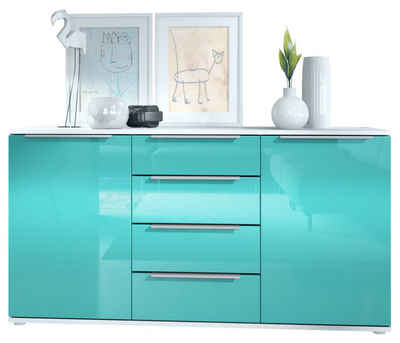 Vladon Sideboard Linio (Anrichte, mit 2 Türen und 4 Schubladen), Weiß matt/Petrol Hochglanz (139 x 72,5 x 35 cm)