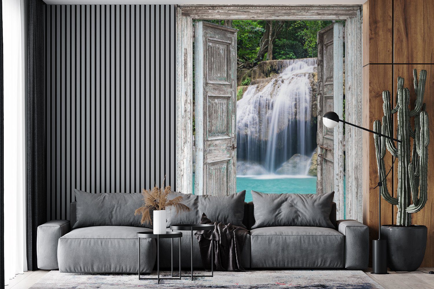 Wohnzimmer, Vinyl Landschaft, (4 Matt, Montagefertig Wasserfall Natur St), MuchoWow - für bedruckt, - Wandtapete Fototapete Tapete - Aussicht