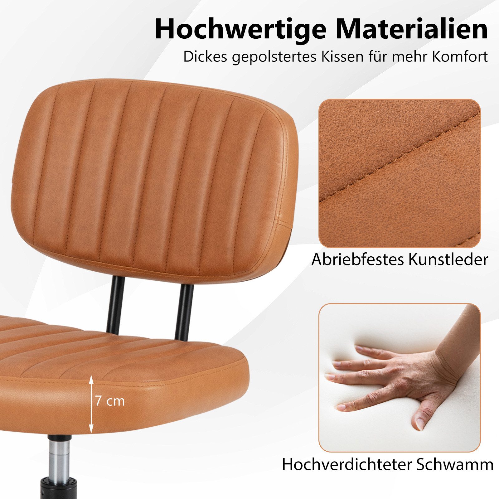 COSTWAY Bürostuhl, Ohne Armlehnen, ergonomischer Drehstuhl mit Rollen, braun