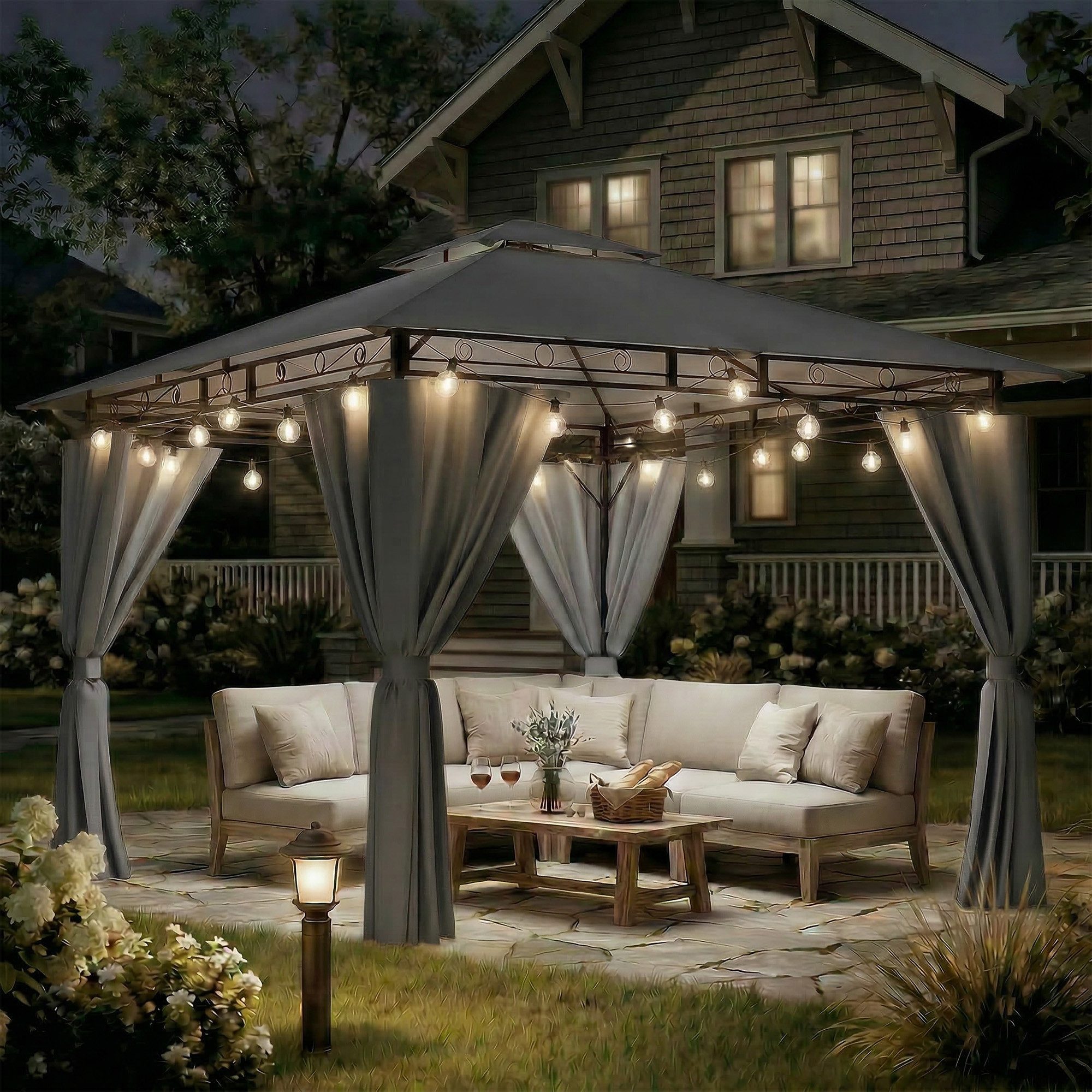 GUNJI Pavillon 300x300/400/600, UV-Schutz 50+, mit integrierter LED-Beleuchtung, (Mit LED-Beleuchtung, mit 4 Seitenwänden, geeignet für Feste, Veranstaltungen, Partys, bietet Platz für 4-10 Personen, grau), Doppelwandiges Gratenpavillon, mit abnehmbaren S