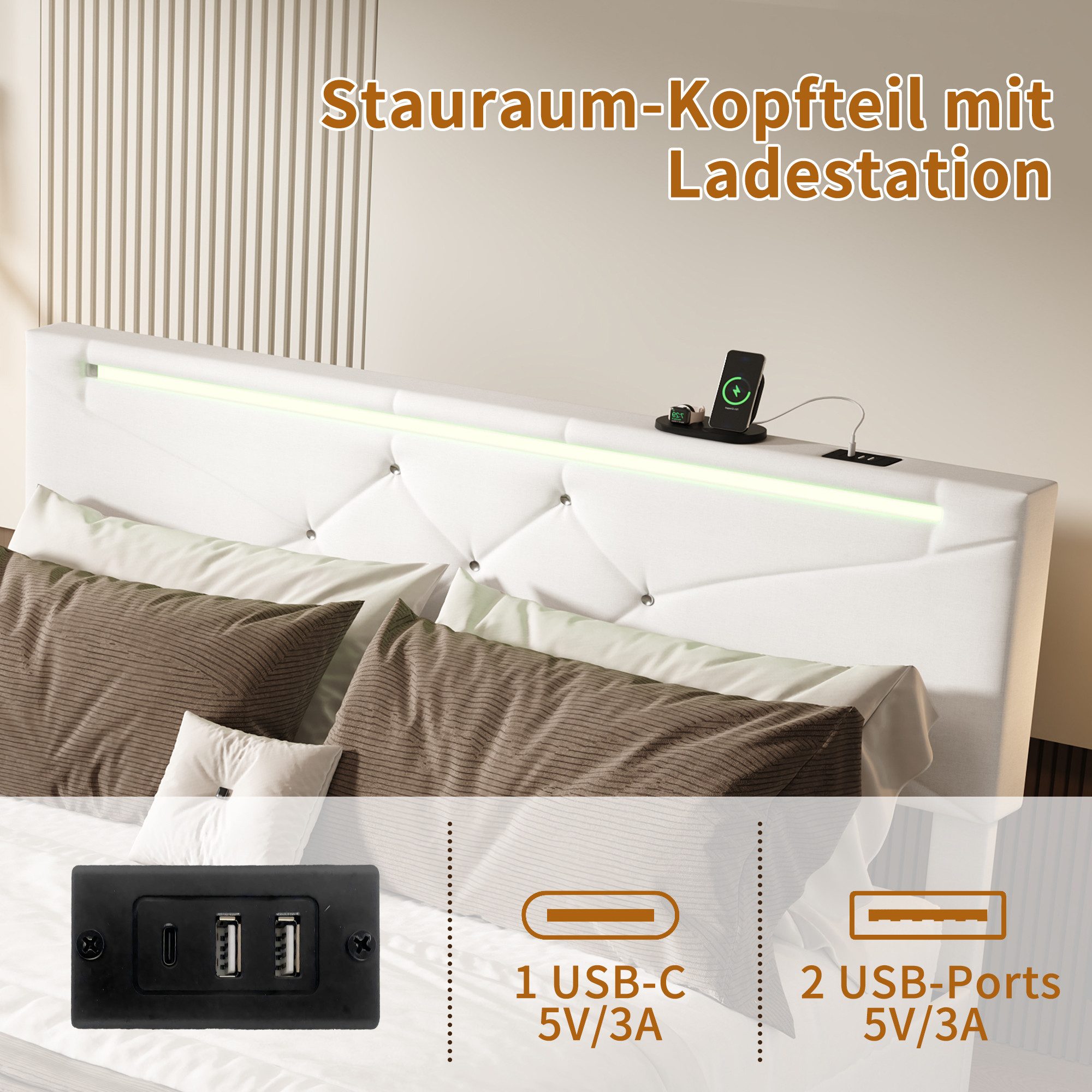 ADWOLT Polsterbett Hydraulisches Doppelbett mit LED Beleuchtung und Ladefunktion (Set, 1-tlg., Ohne Matratze), 140x200 cm Jugendbett Stauraumbett, Leinen Beige