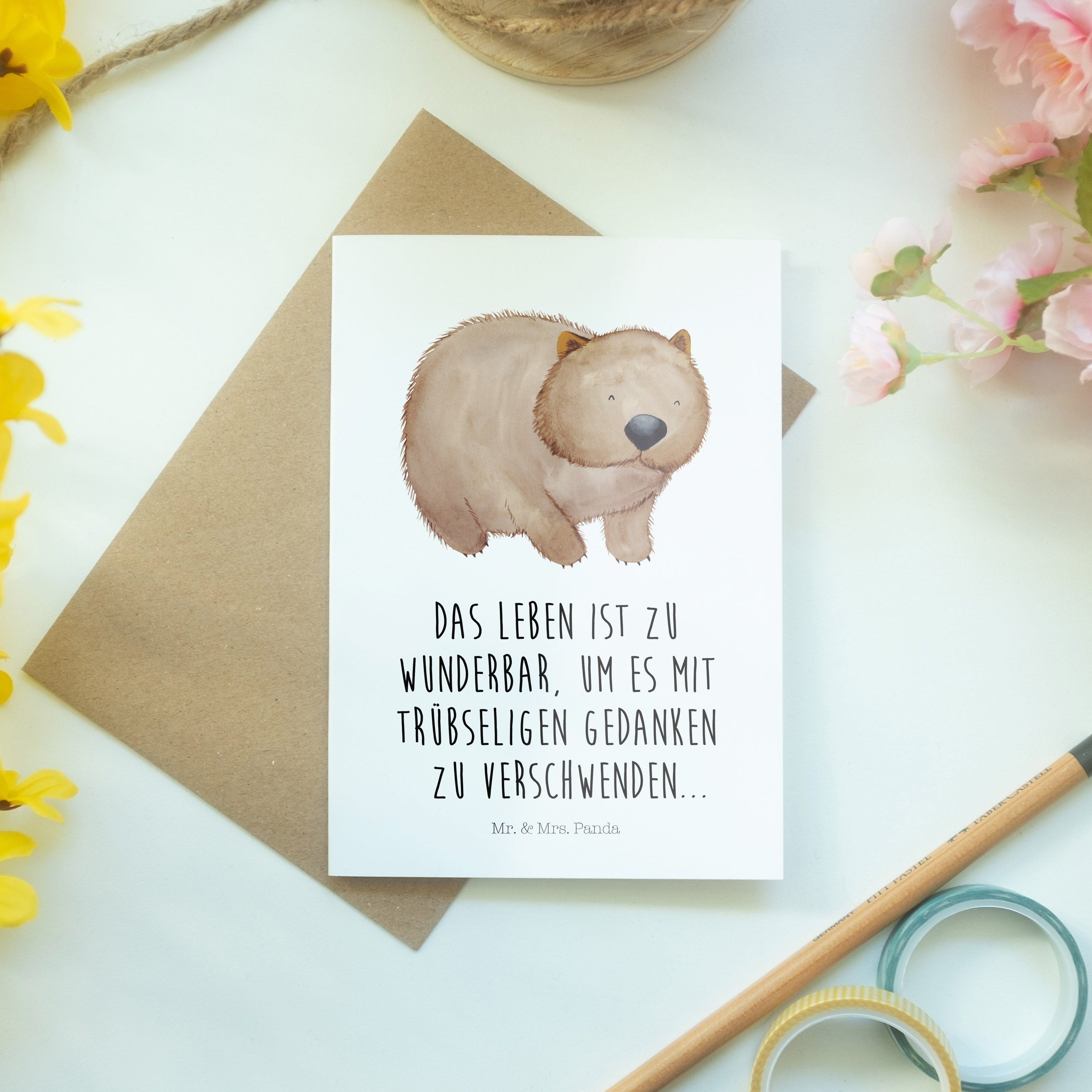 Weiß Klappkarte, - Wombat Panda Mrs. Grußkarte Mr. & - Tiermotive, Geschenk, Spruc Tiere, Karte,