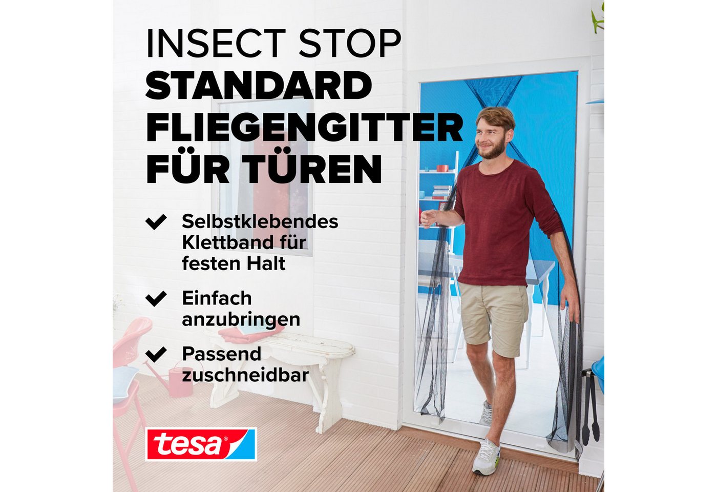 Thumbnail - tesa Insektenschutz-Fensterrahmen Fliegengitter Standard Tür Vorhang ohne Bohren anthrazit 0,65 x 2,2 m, (Packung, 1-St....