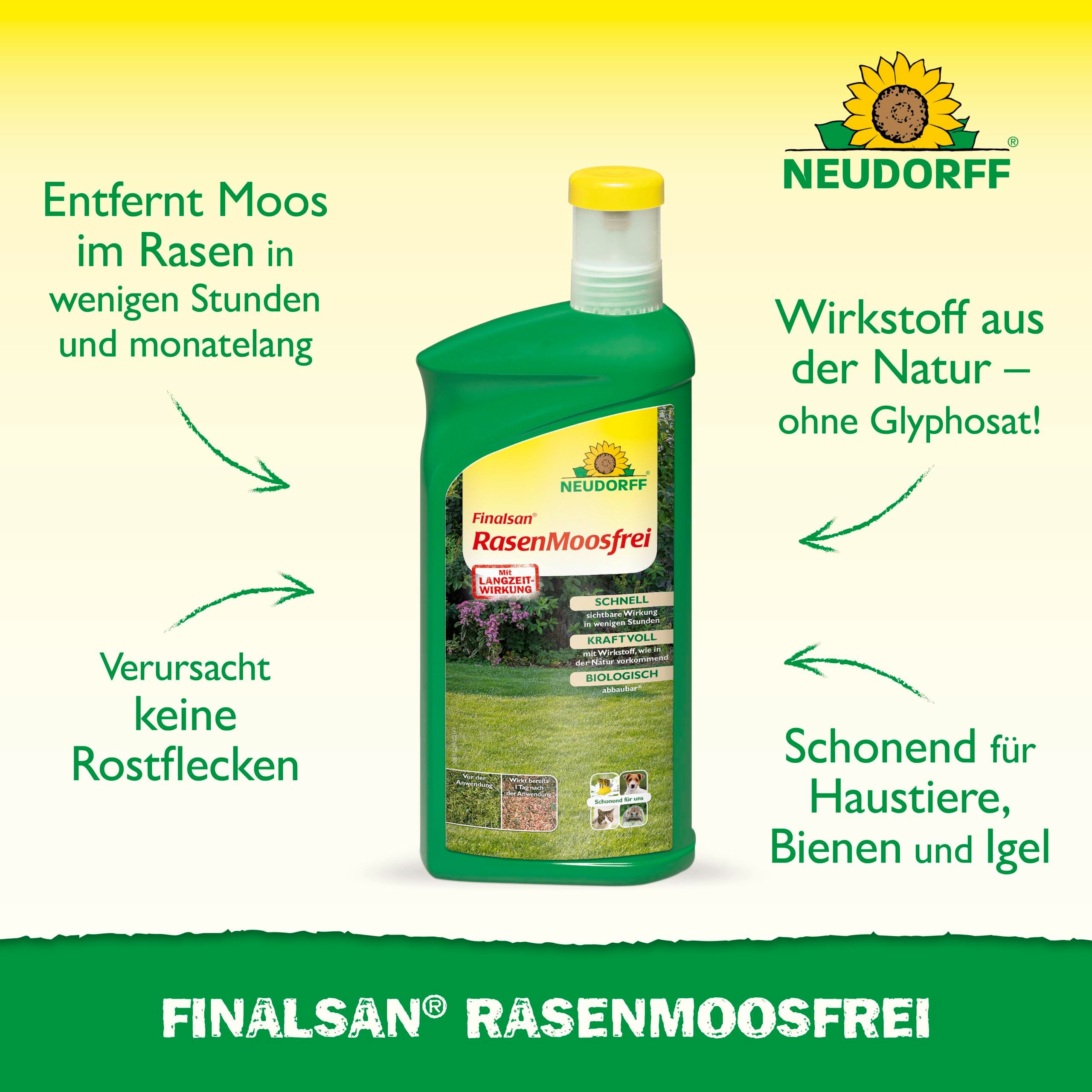 Neudorff Unkrautbekämpfungsmittel Finalsan RasenMoosfrei 1 Liter Rasenmoosvernichter 60 m², 1000 ml, schonend für Haustiere, Bienen und Igel, ohne Eisen, monatelange Dauerwirkung, bekämpft effektiv und schonend Moos im Rasen