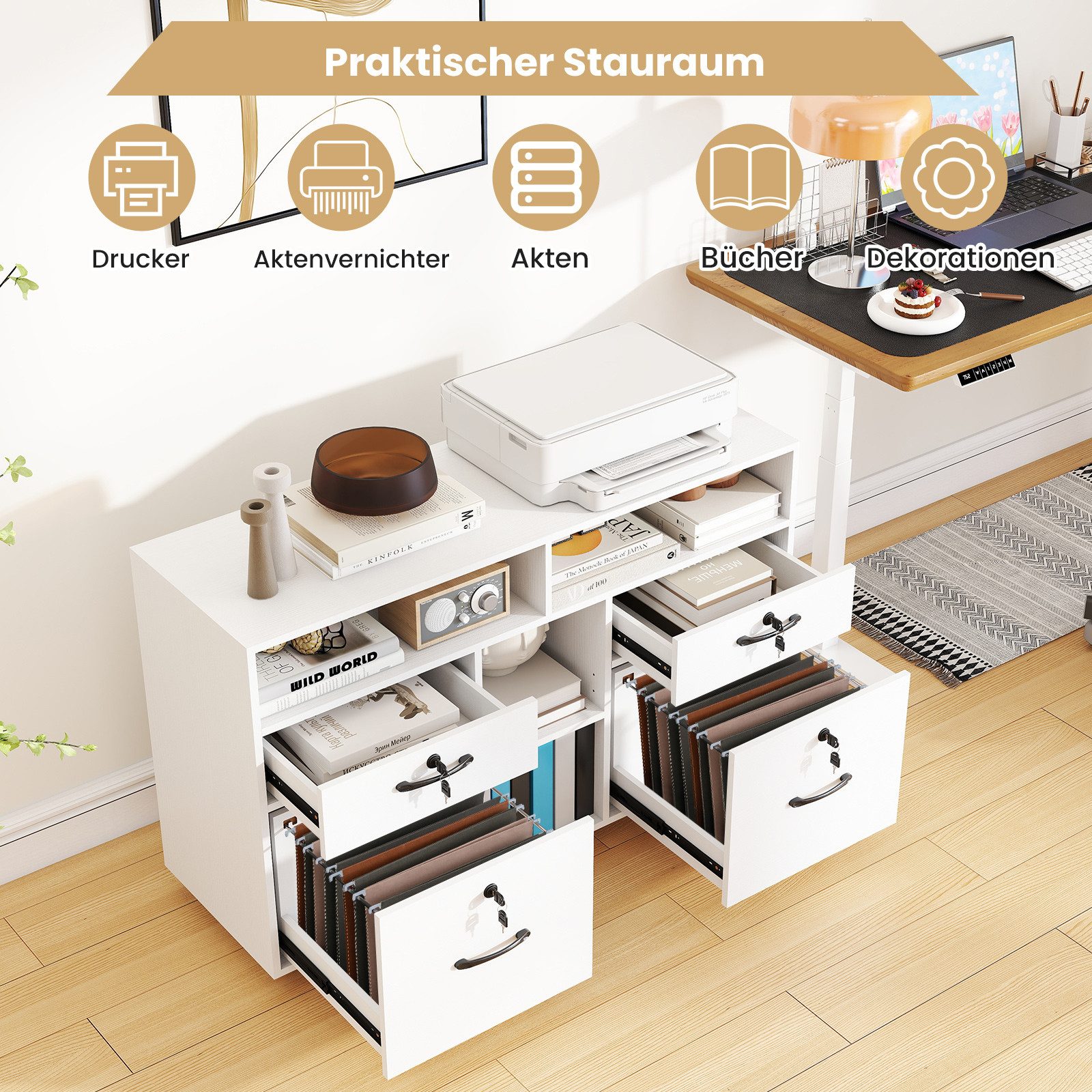 COSTWAY Rollcontainer, mit 4 Schubladen, Aktenschrank abschließbar, weiß