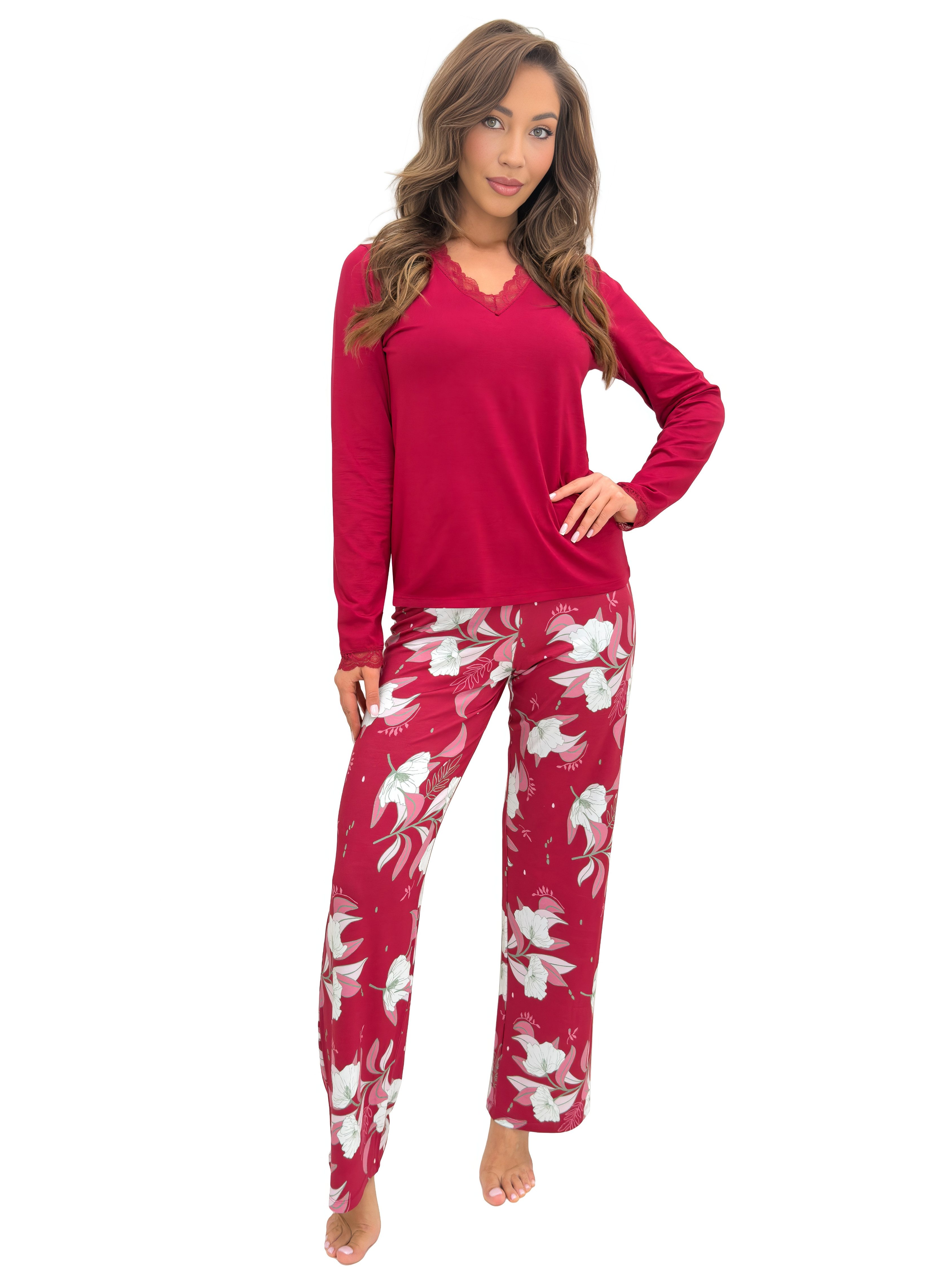 Donna Pyjama langer Damen Schlafanzug (2 tlg) mit Spitze, Langarm-Shirt & floraler Hose, edler Jersey in Rot – Bild 2 von 5