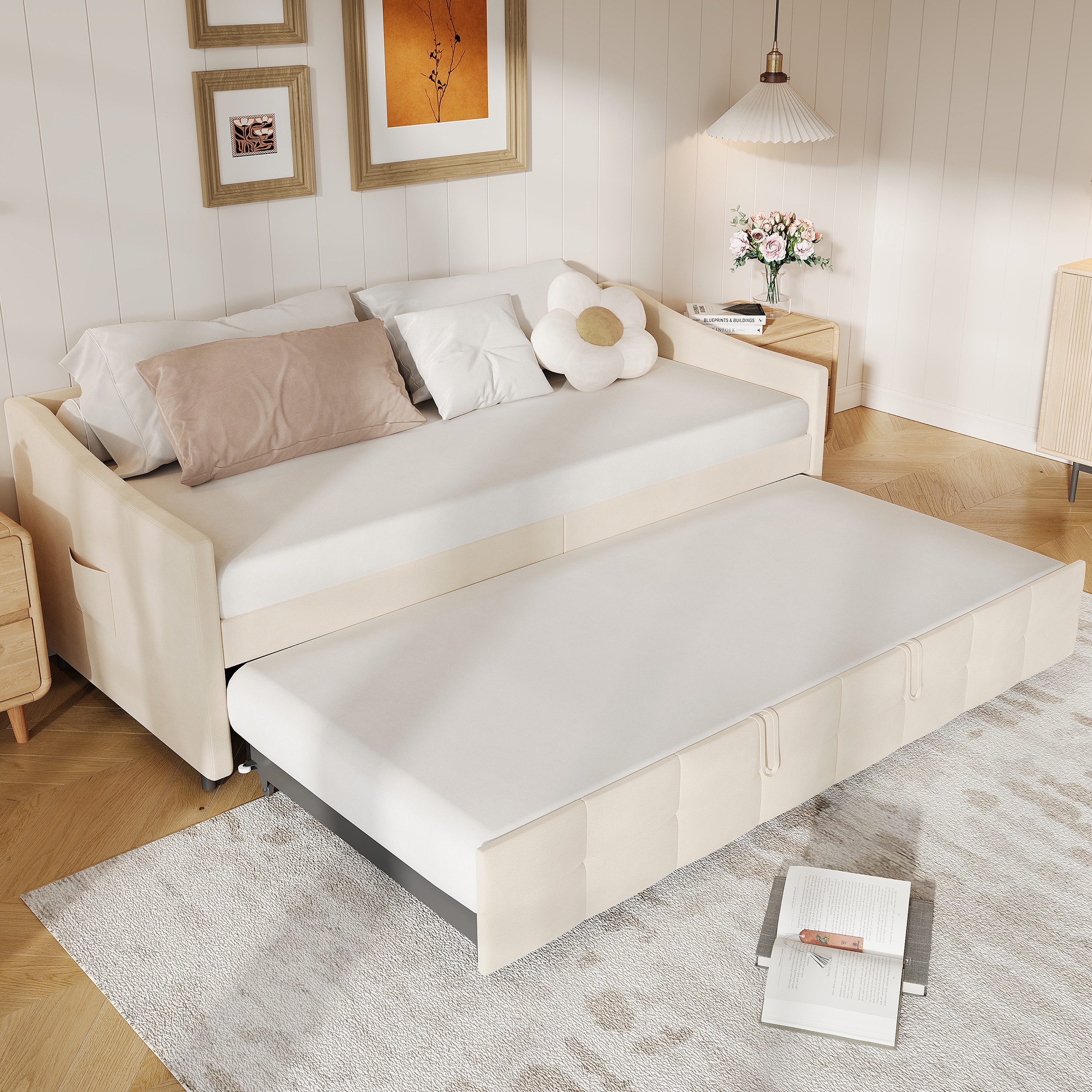 zebery Schlafsofa Polsterbett Daybett Tagesbett Mit Aufbewahrungsbeutel, Set 1 Teile, 90x200 cm,Ausziehbares Bettgestell,Multifunktionsbett,Samtstoff,Beige