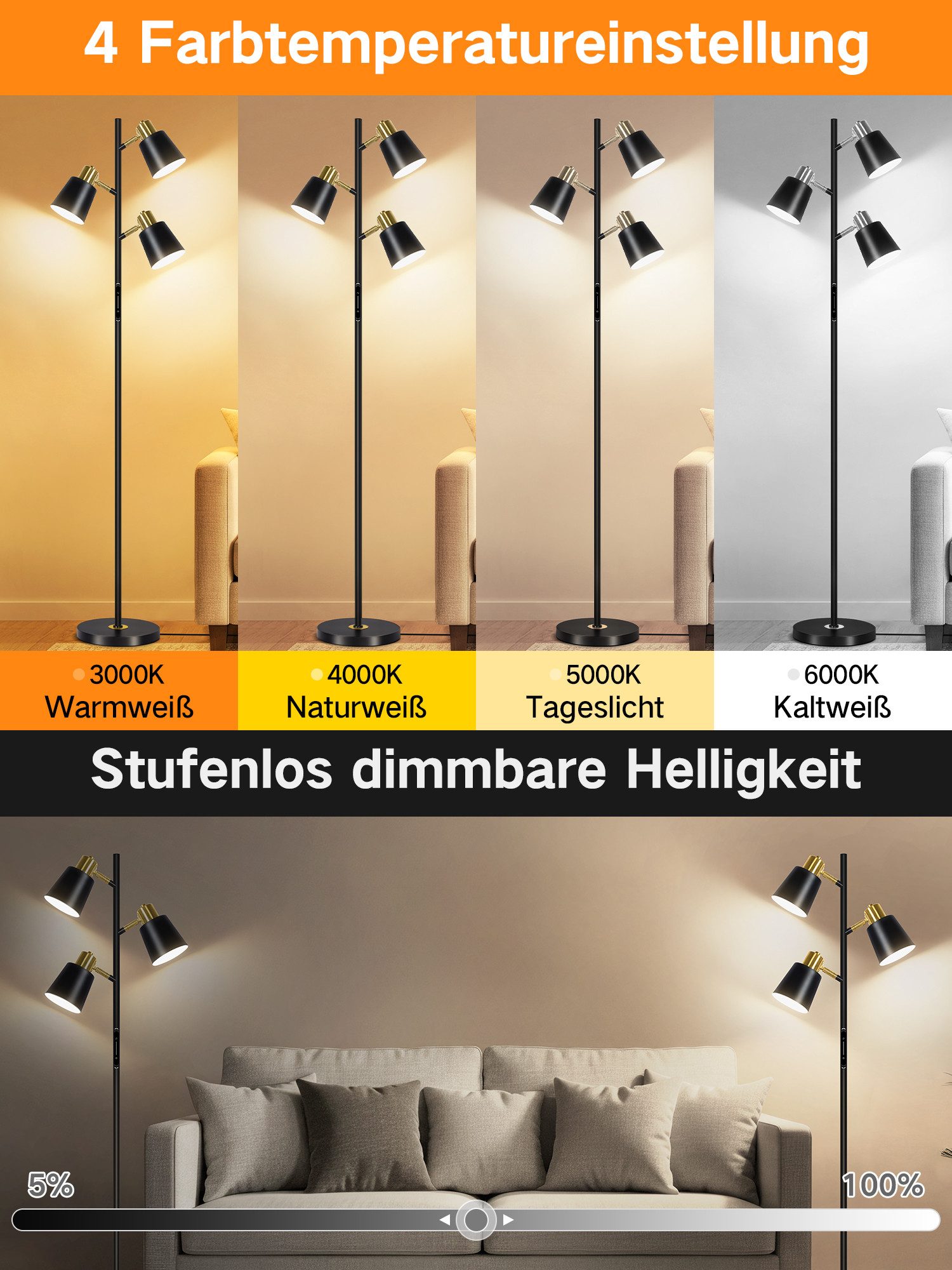 OUTON Stehlampe Dimmbare Stehlampe mit 3 Köpfen, Touch & Fernbedienung, 3000-6500K, LED wechselbar, 2.5kg Basis, schwarz