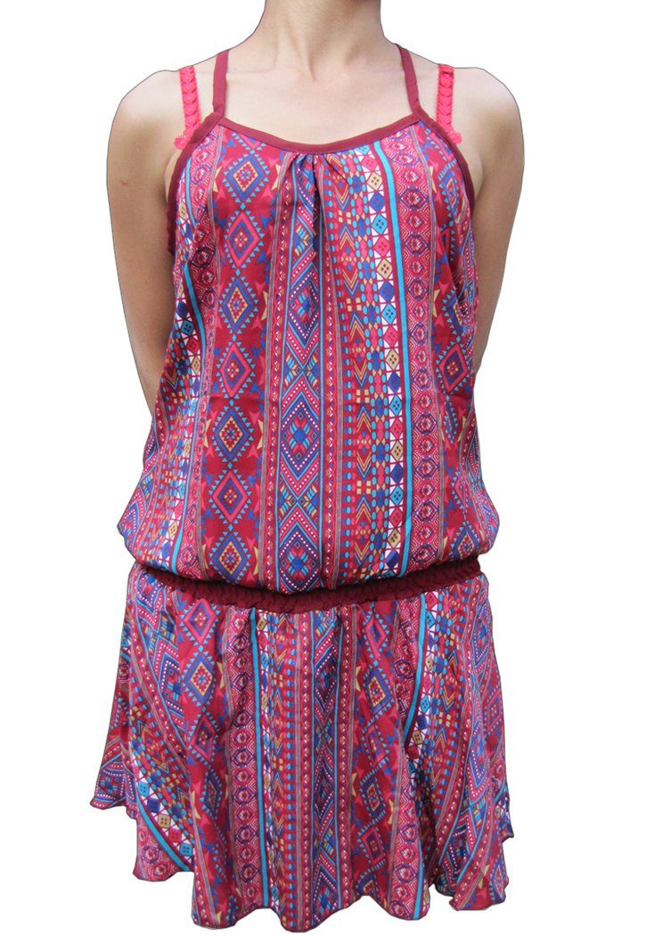 PANASIAM Tunikakleid Sommerkleid in verschiedenen Designs farbenfrohe Tunika aus feiner Viskose auch für Schlagerparty 70er Party oder Festivals ein Hingucker bordeauxton